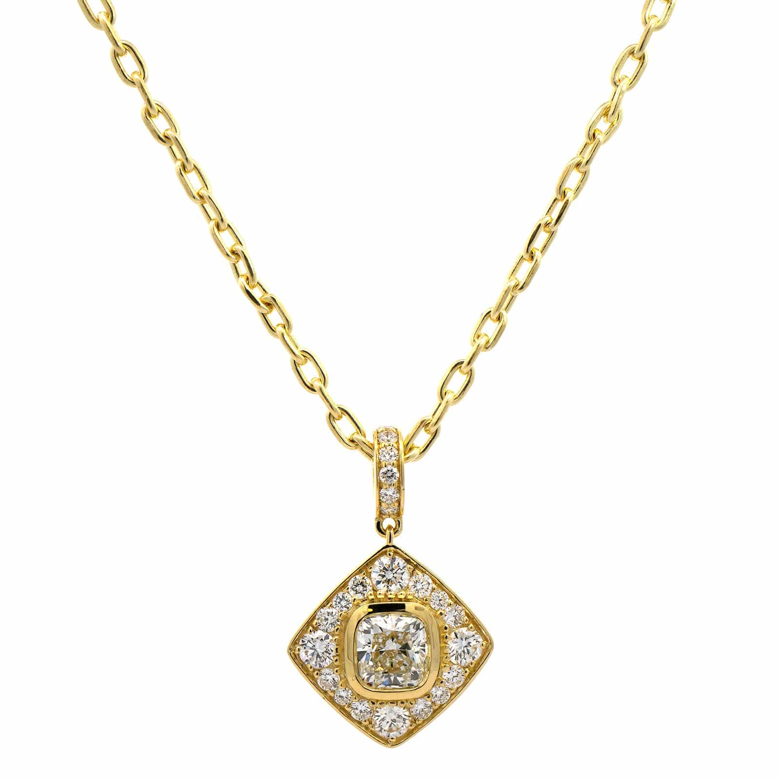 18K Yellow Gold Bezel Set Pave Diamond Pendant Necklace - Image 5