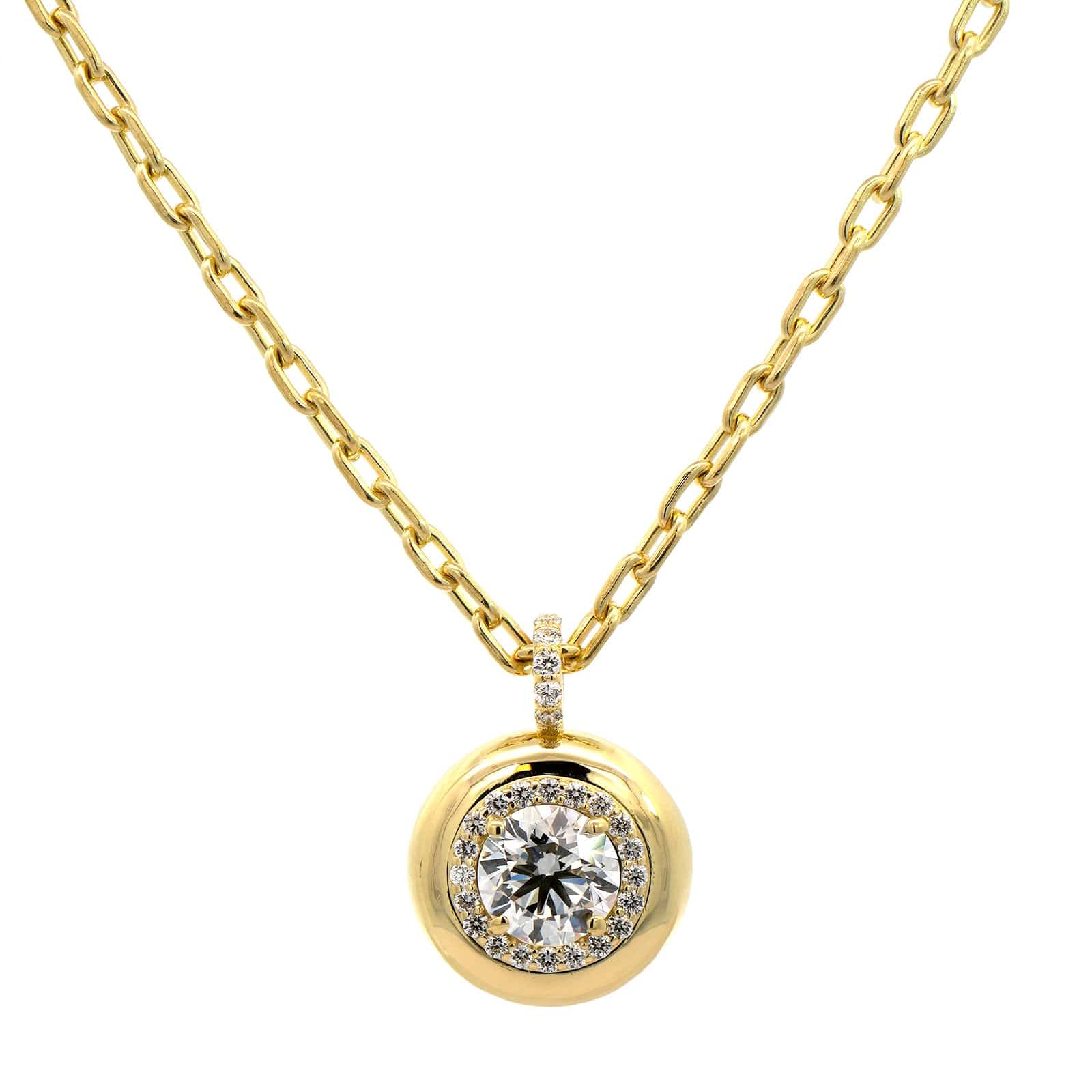 18K Yellow Gold Bezel Round Diamond Pendant Necklace