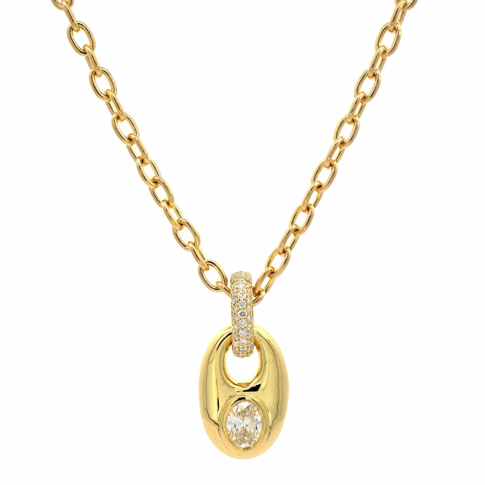 18K Yellow Gold Bezel Set Oval Diamond Pendant Necklace