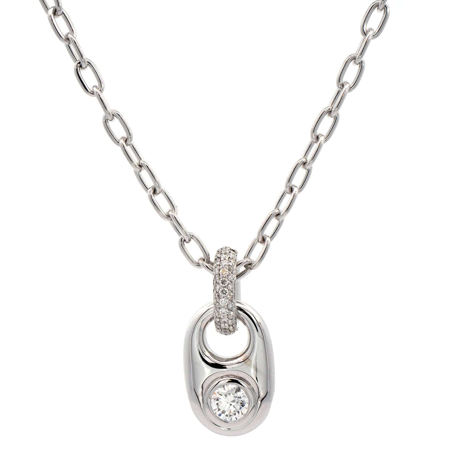 18K White Gold Bezel Set Oval Diamond Pendant Necklace