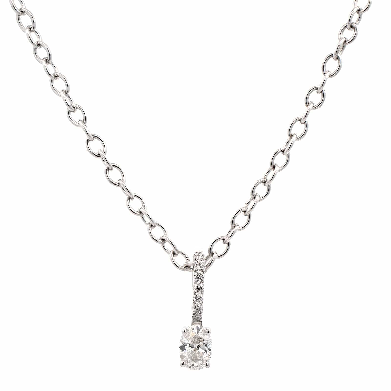 18K White Gold Oval Diamond Pendant Necklace