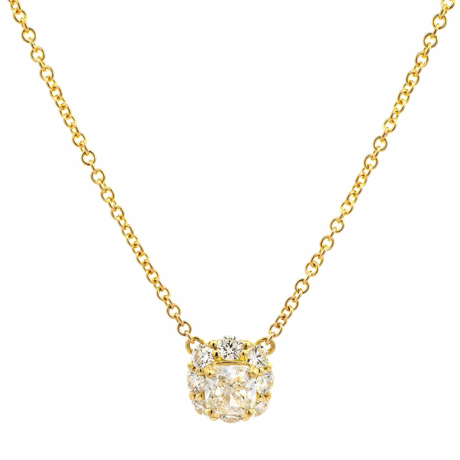 18K Yellow Gold Cushion Cut Diamond Pendant Necklace
