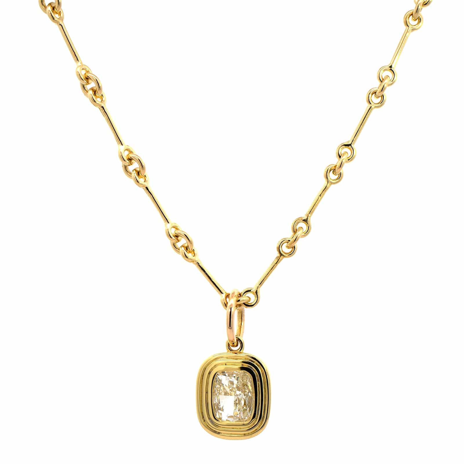 18K Yellow Gold Bezel Set Cushion Cut Diamond Pendant Necklace - Image 5