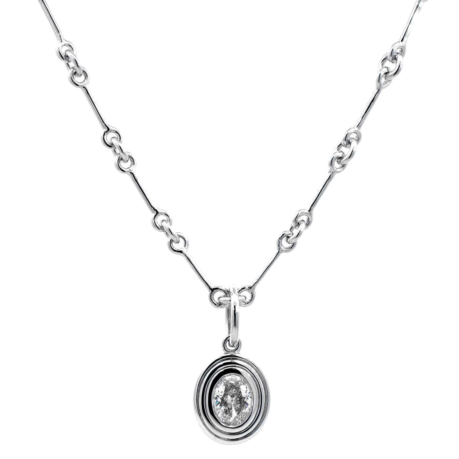 18K White Gold Bezel Set Oval Diamond Pendant Necklace