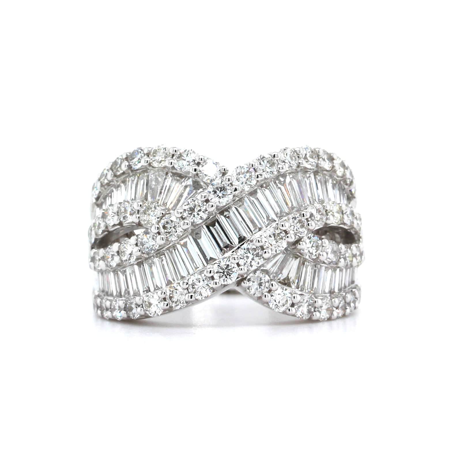 18K White Gold Crossed Baguette Diamond Band