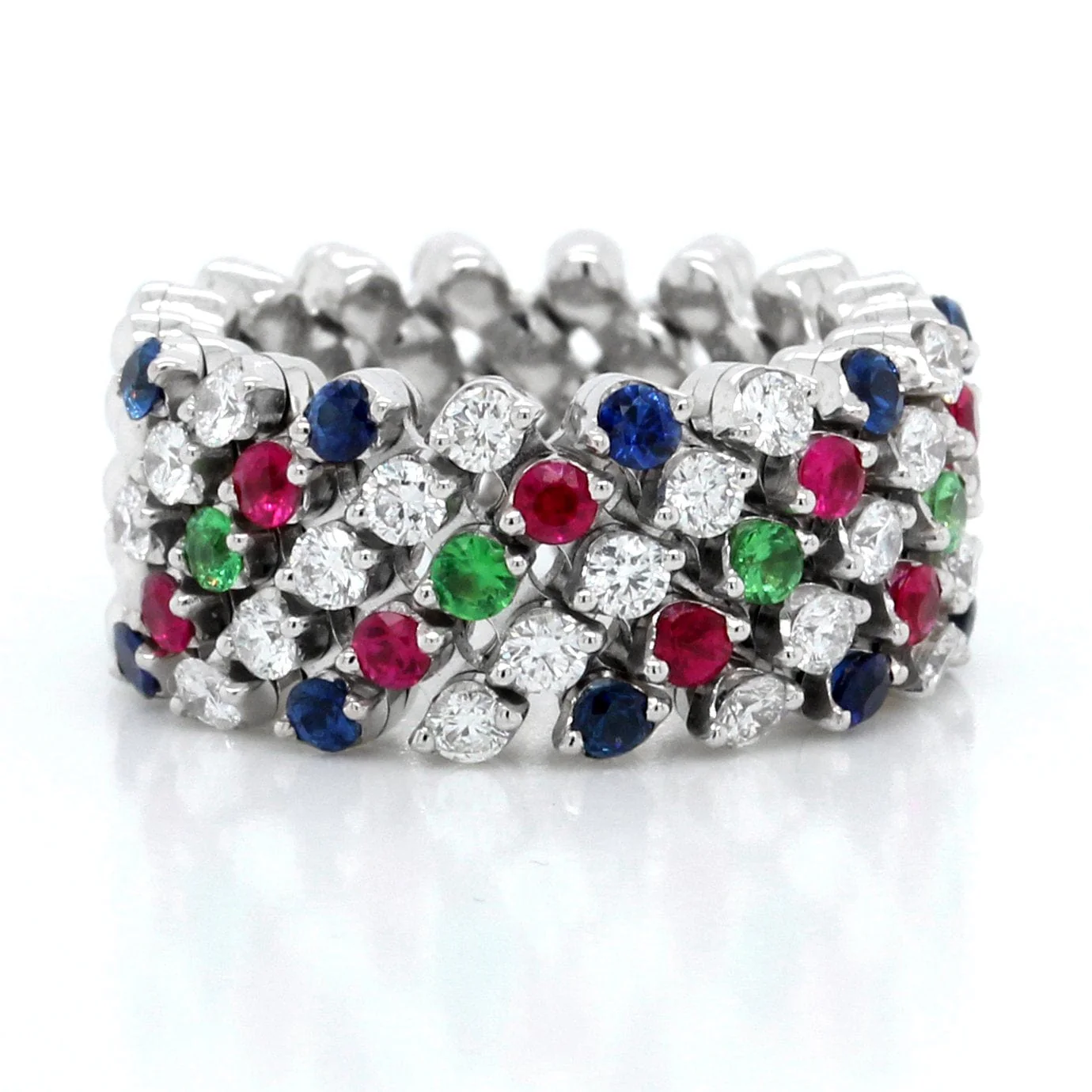 18K White Gold Diamond Sapphire Ruby and Tsavorite Ring