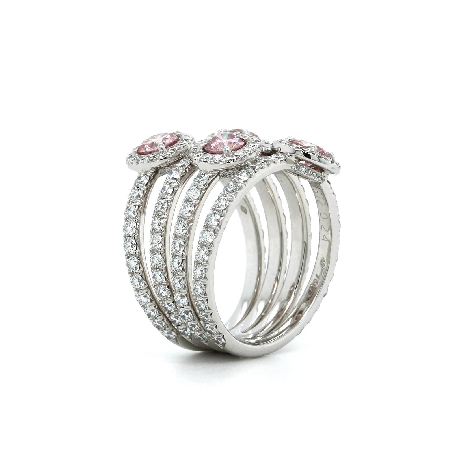 18K White Gold 4 Row Pink Diamond and Diamond Halo Ring - Image 2