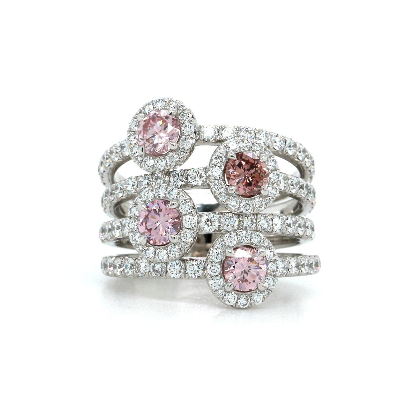 18K White Gold 4 Row Pink Diamond and Diamond Halo Ring - Image 4