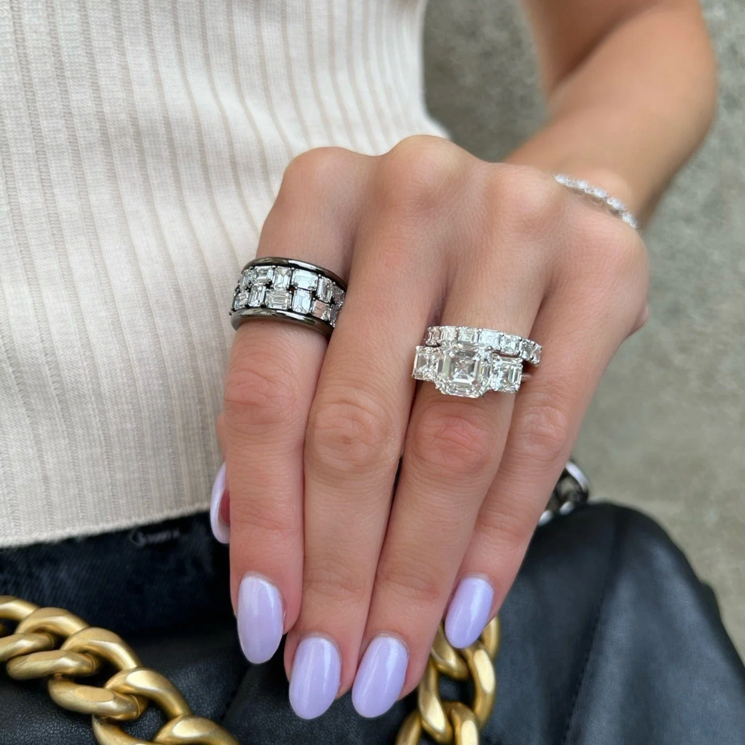 Etho Maria Blackened 18K White Gold 2 Row Emerald Cut Diamond Ring - Image 2