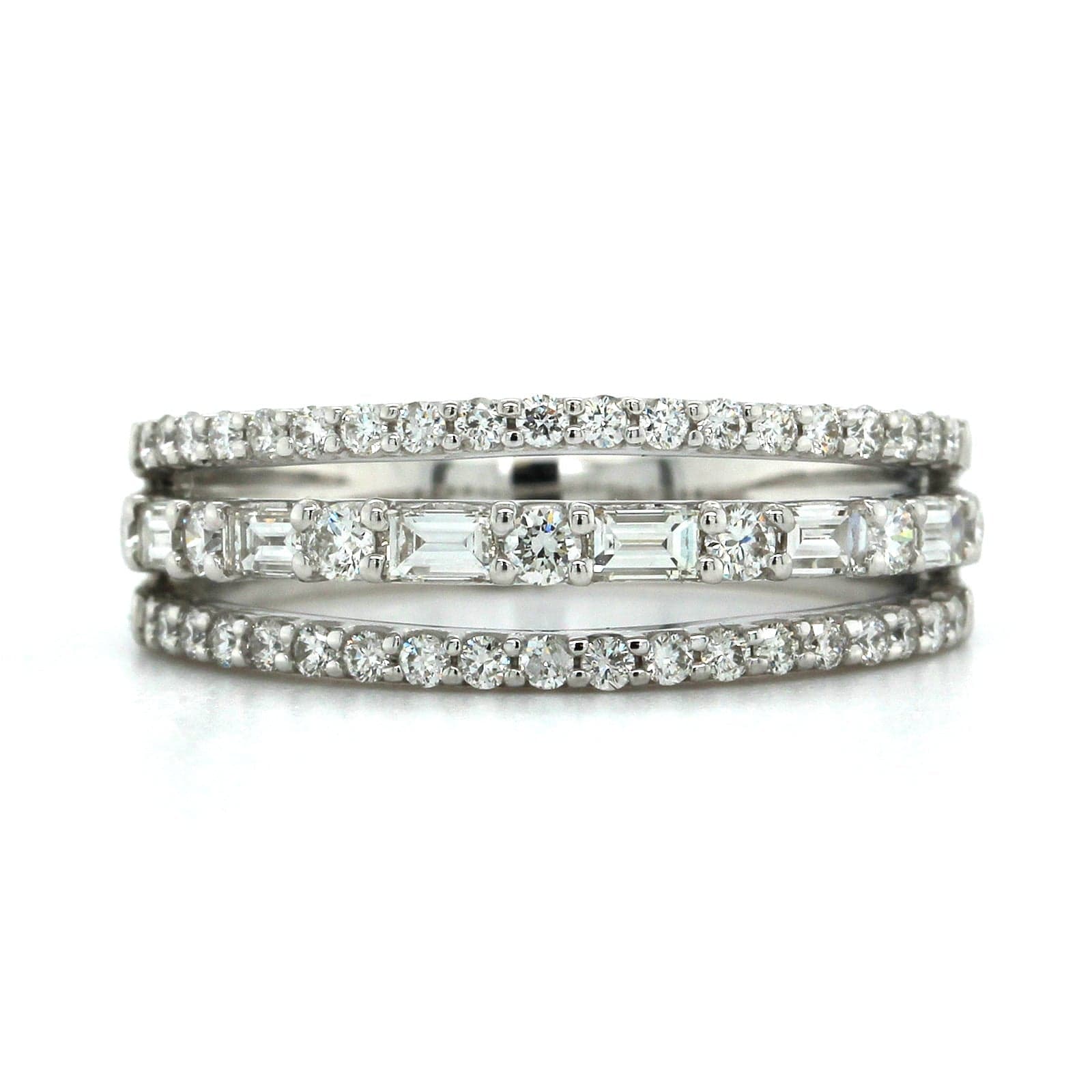 14K White Gold 3 Row Round and Baguette Diamond Ring