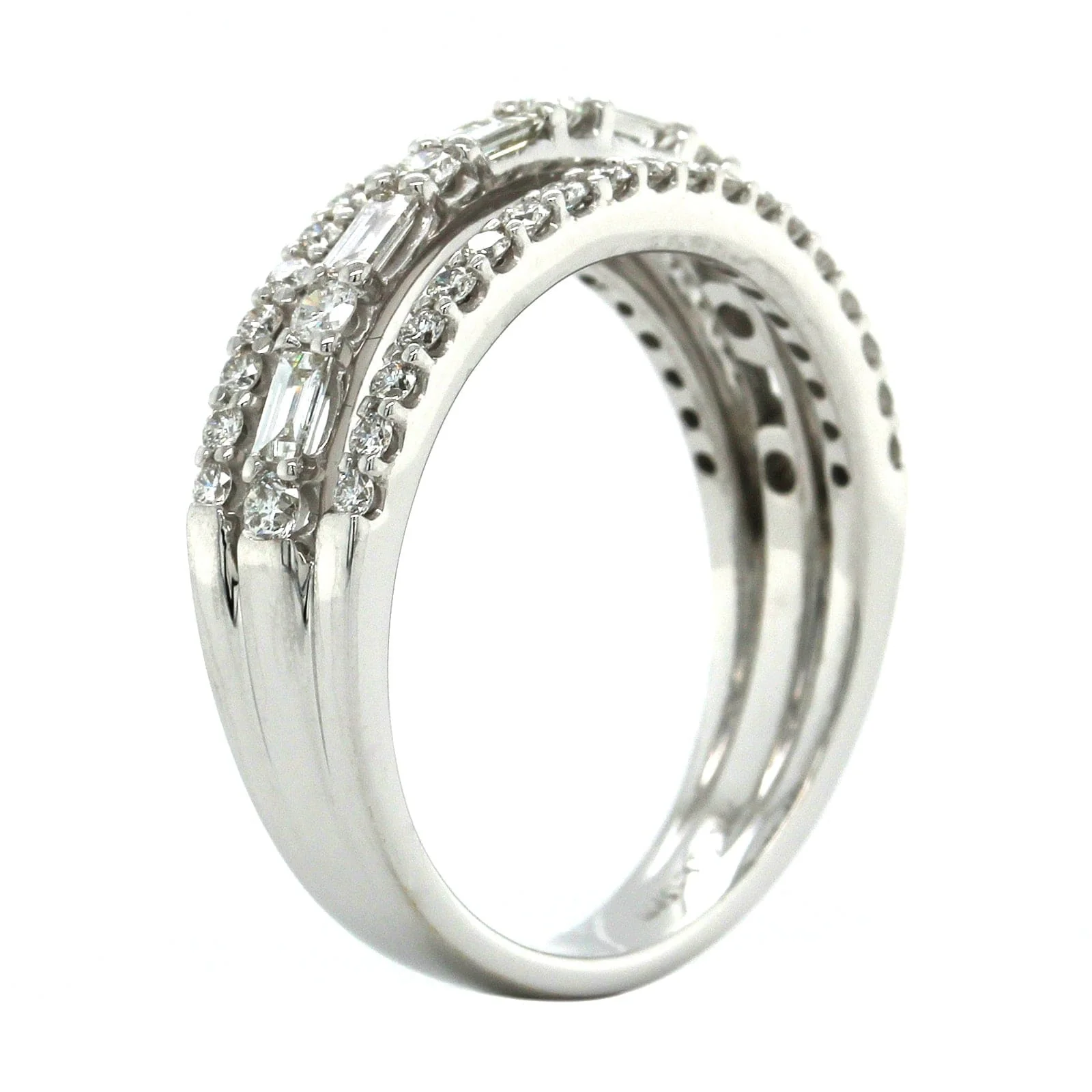 14K White Gold 3 Row Round and Baguette Diamond Ring - Image 2