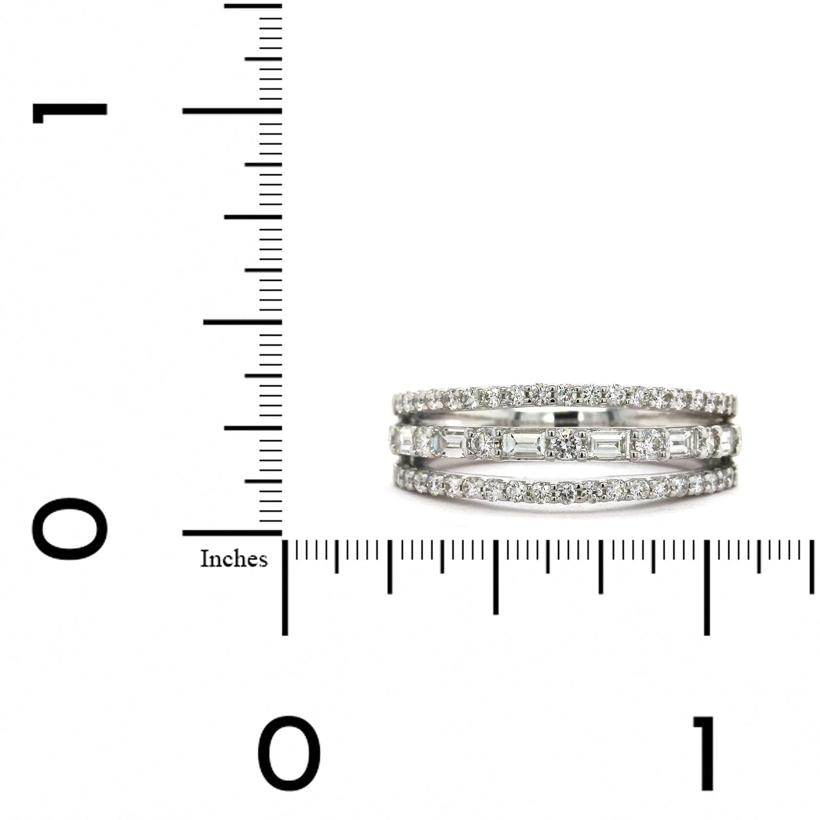 14K White Gold 3 Row Round and Baguette Diamond Ring - Image 3