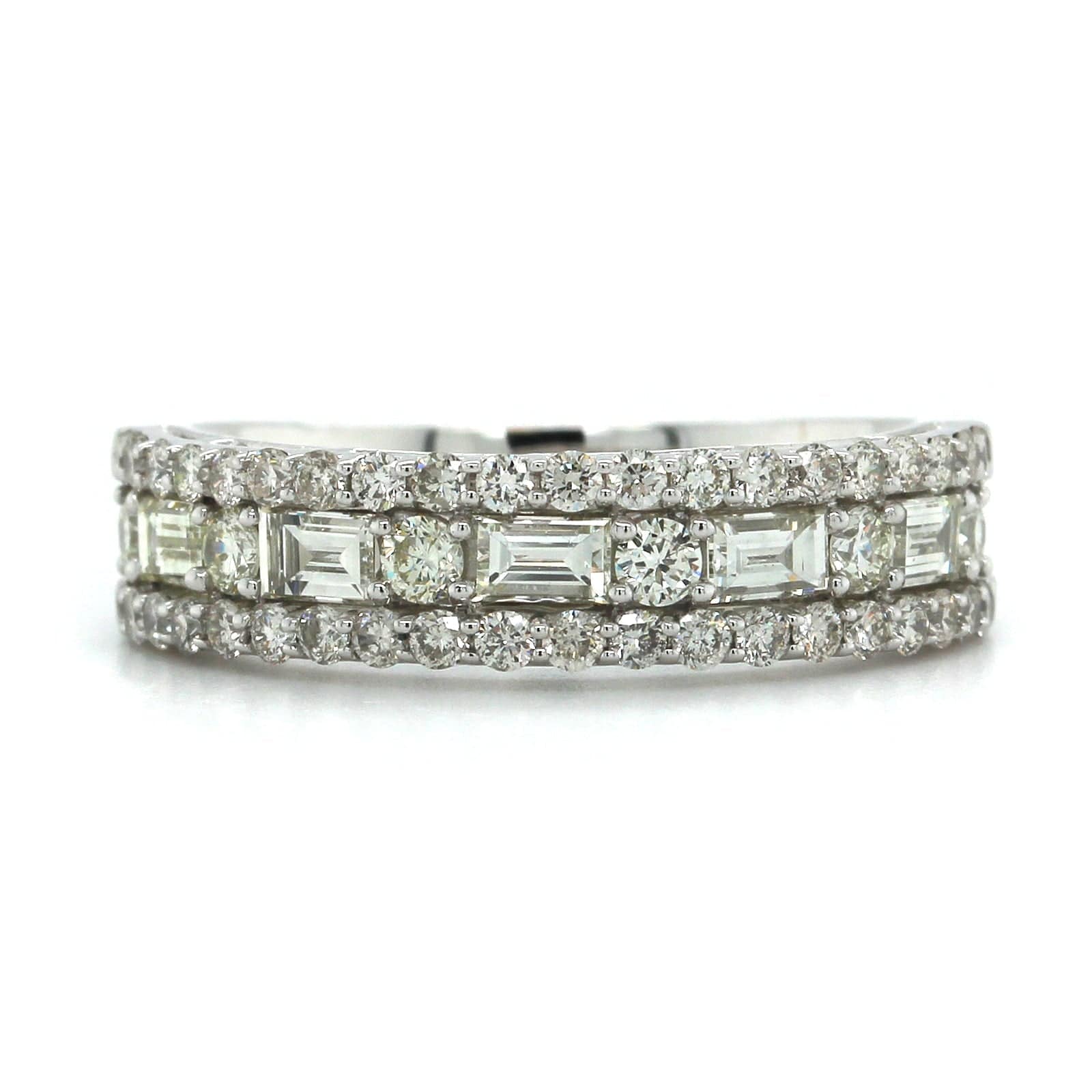 14K White Gold 3 Row Round and Baguette Diamond Ring
