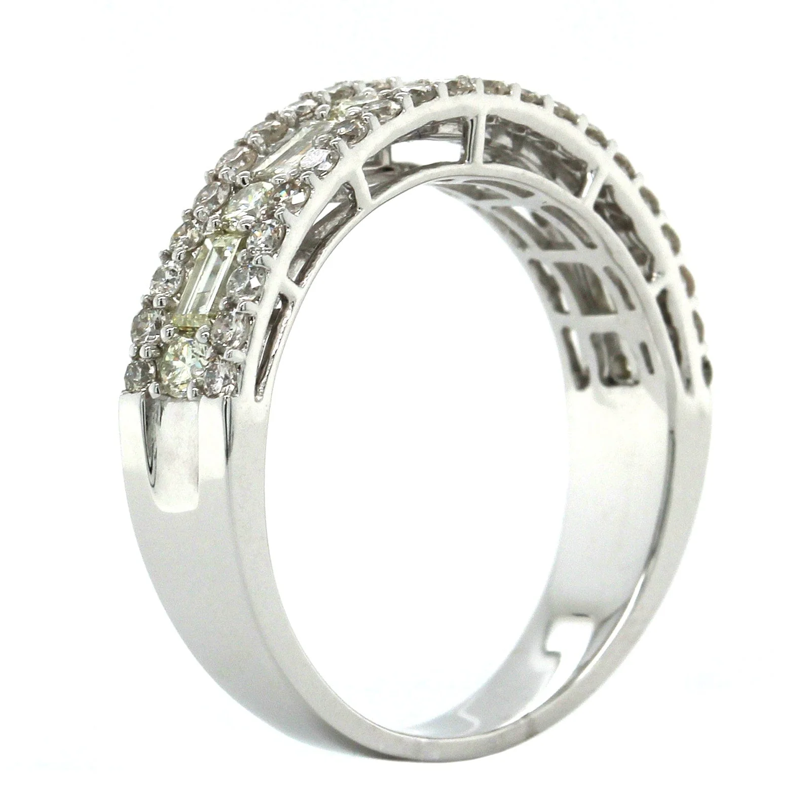 14K White Gold 3 Row Round and Baguette Diamond Ring - Image 2