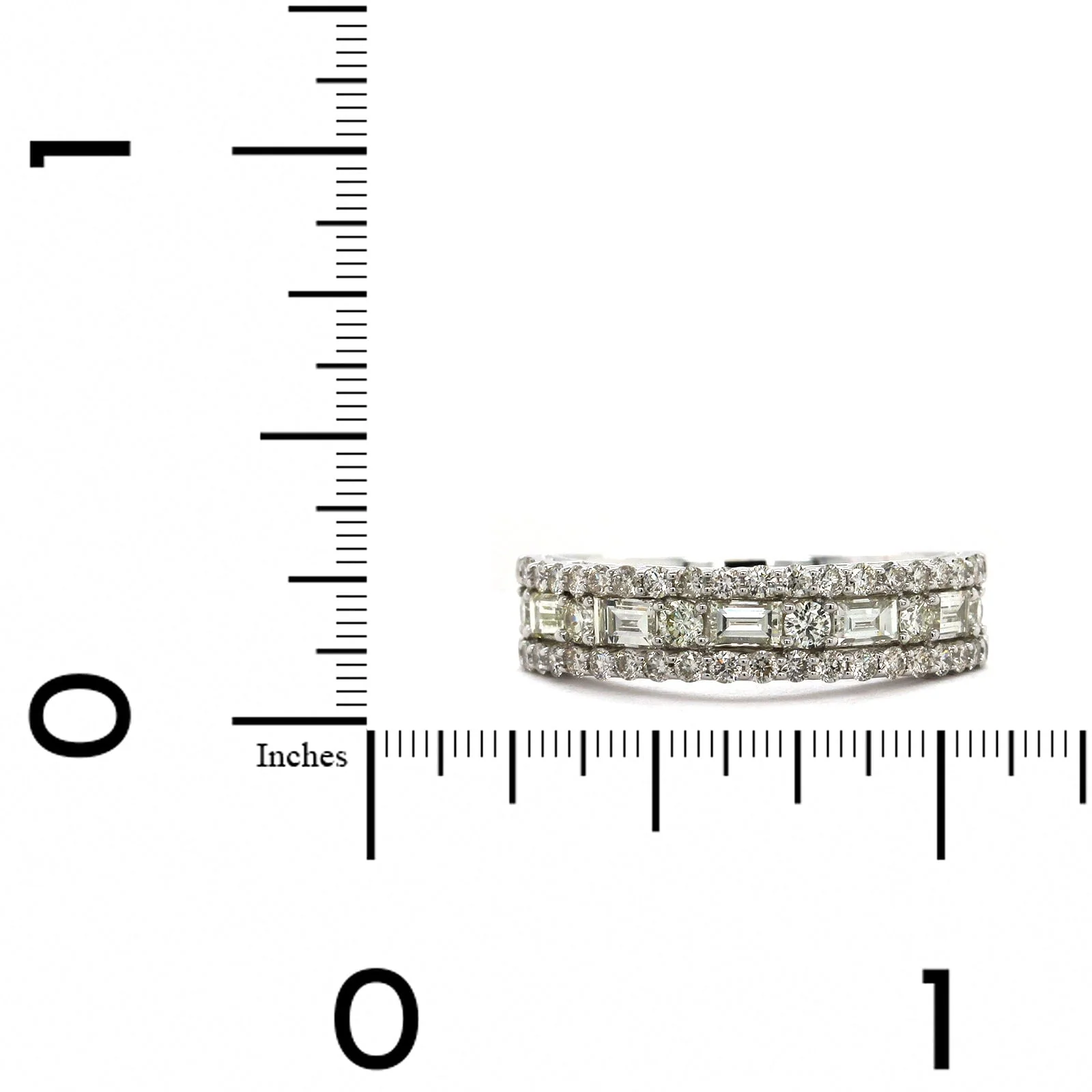 14K White Gold 3 Row Round and Baguette Diamond Ring - Image 3