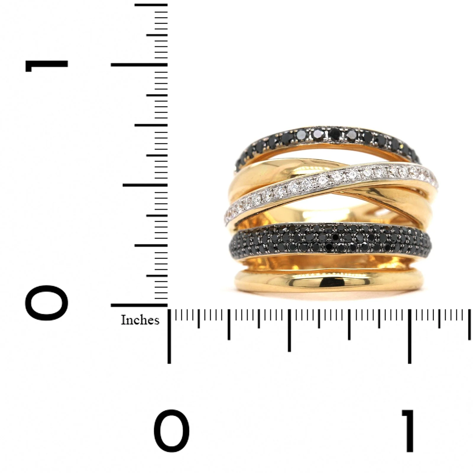 18K Yellow Gold Wide Multi Row Black Diamond Ring - Image 3