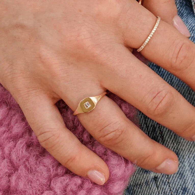 14K White Gold Baguette Diamond Signet Ring - Image 2
