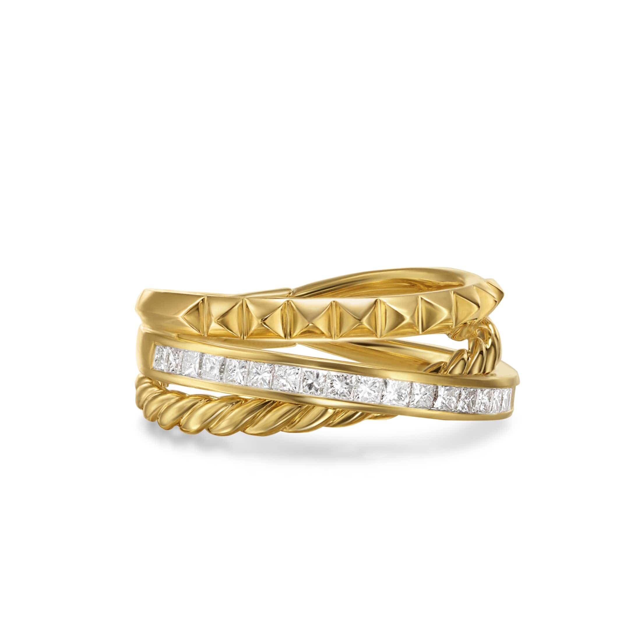 Crossover Trio Three Row Ring 18K Yellow Gold with Diamonds, 8mm