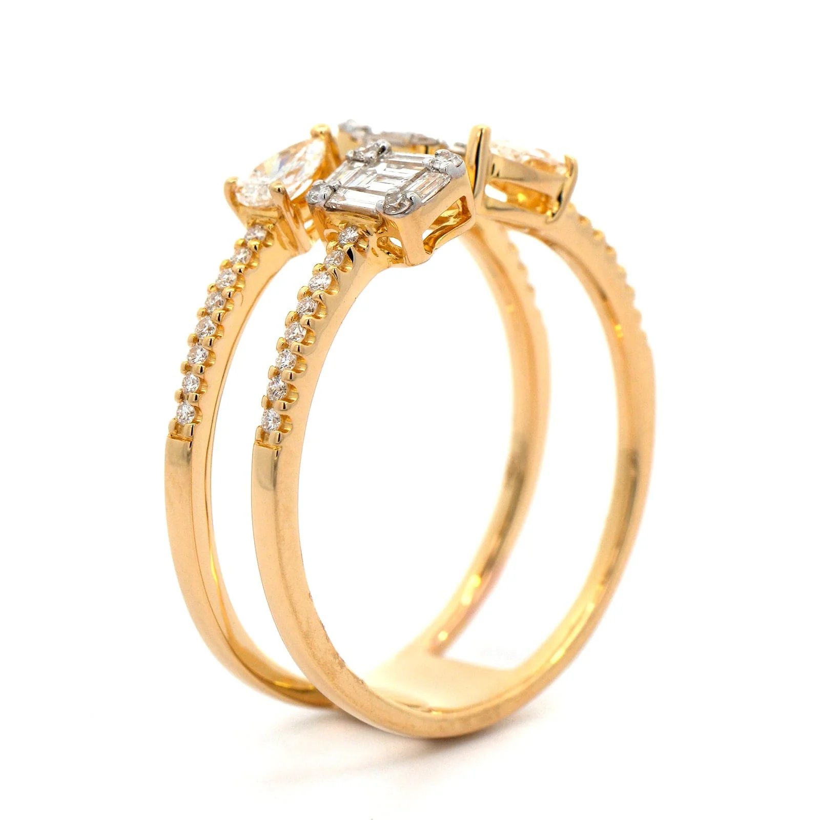 18K Yellow Gold 2 Row Multi Shaped Open Diamond Ring - Image 2