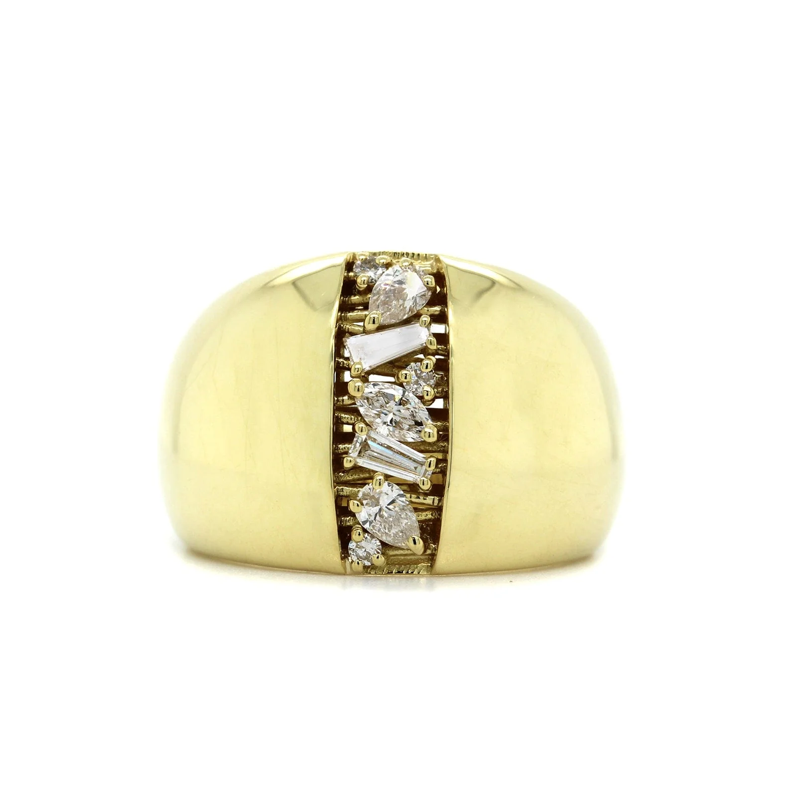 18K Yellow Gold Pear Shaped and Baguette Diamond Dome Ring
