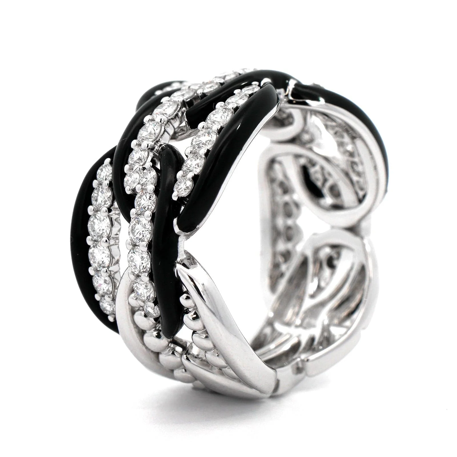 Etho Maria 18K White Gold & Black Ceramic Diamond Link Ring - Image 2