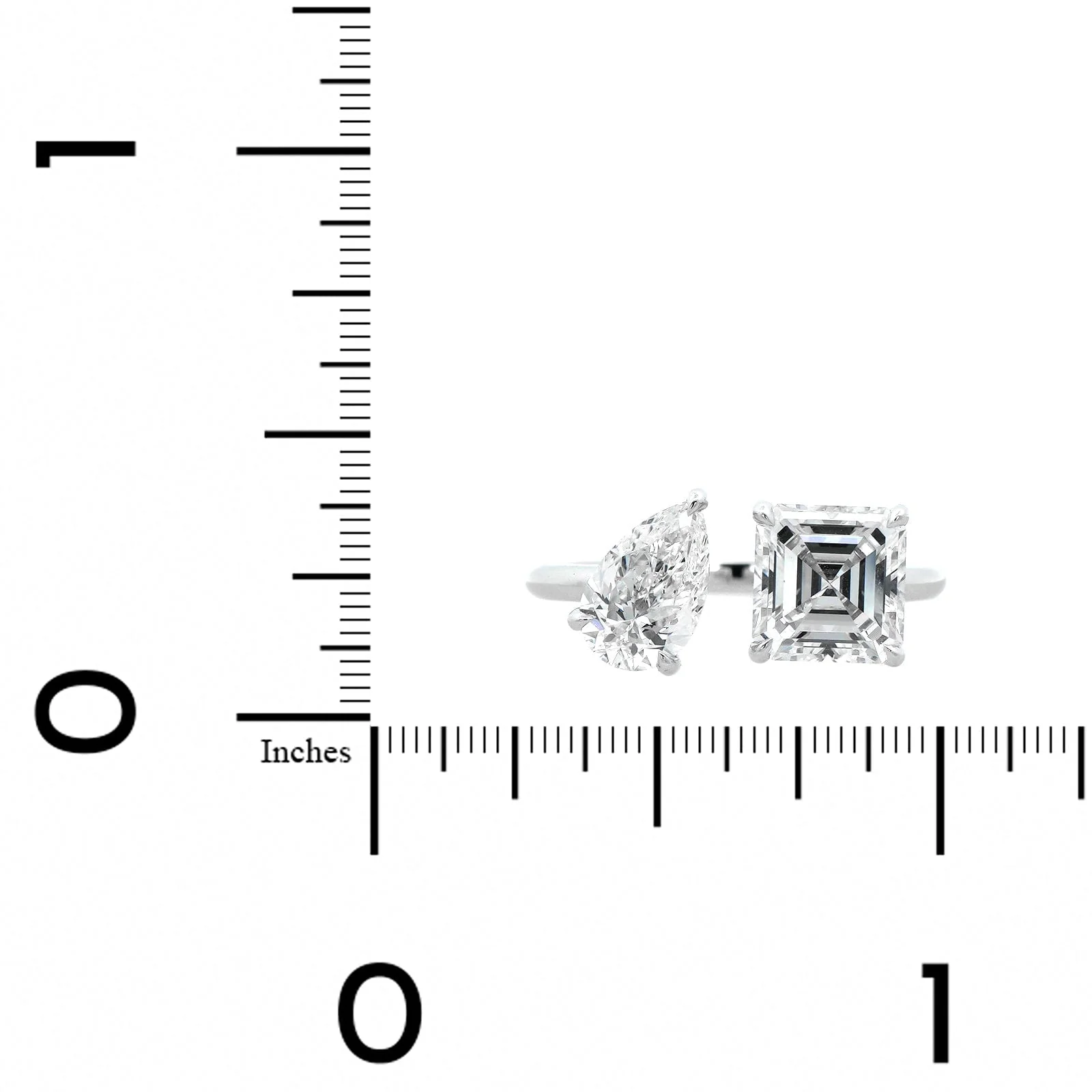 18K White Gold 2 Stone Asscher and Pear Shaped Diamond Ring - Image 4