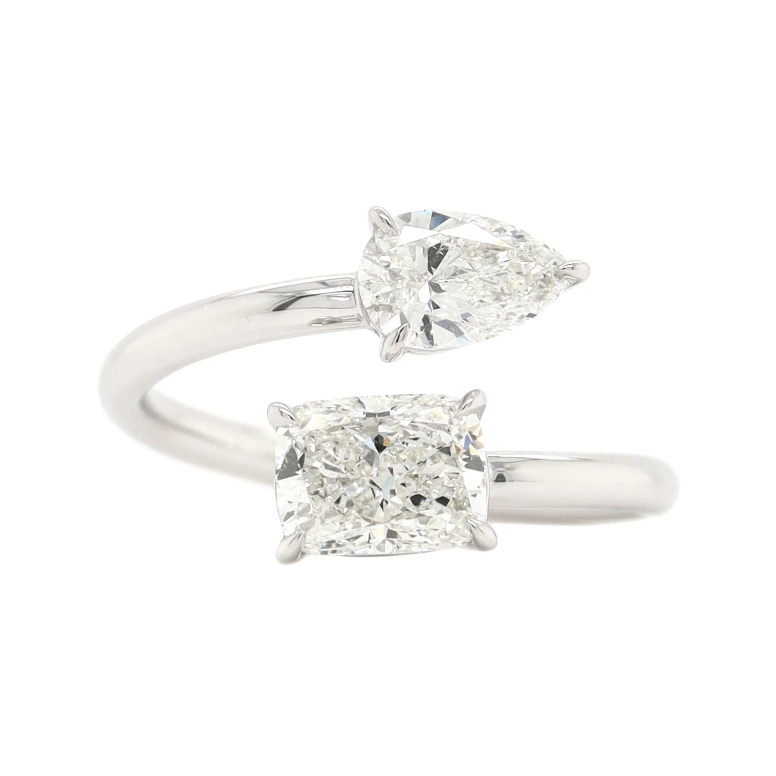 18K White Gold 2 Stone Cushion and Pear Shaped Diamond Ring