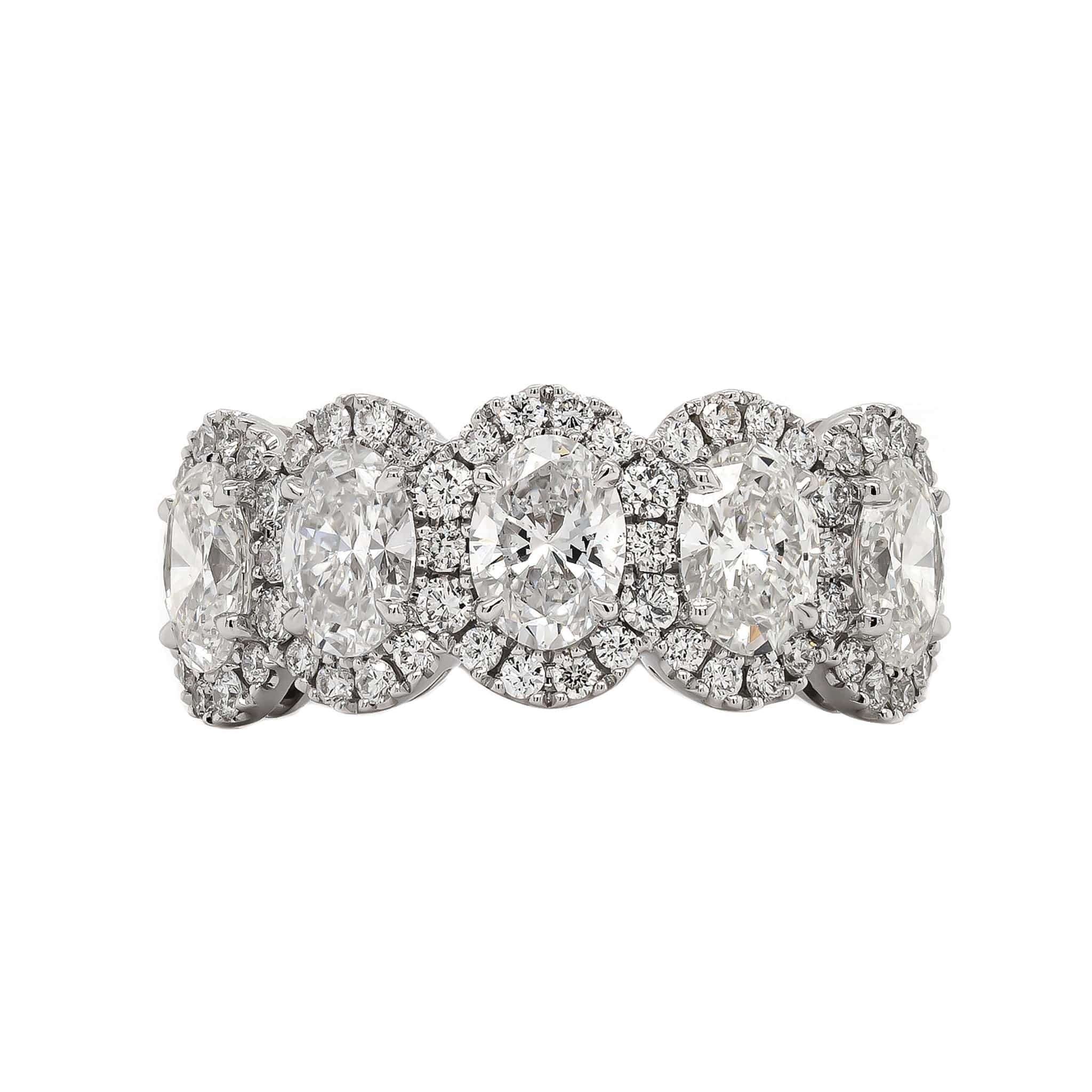 18K White Gold 5 Stone Oval Diamond Halo Ring