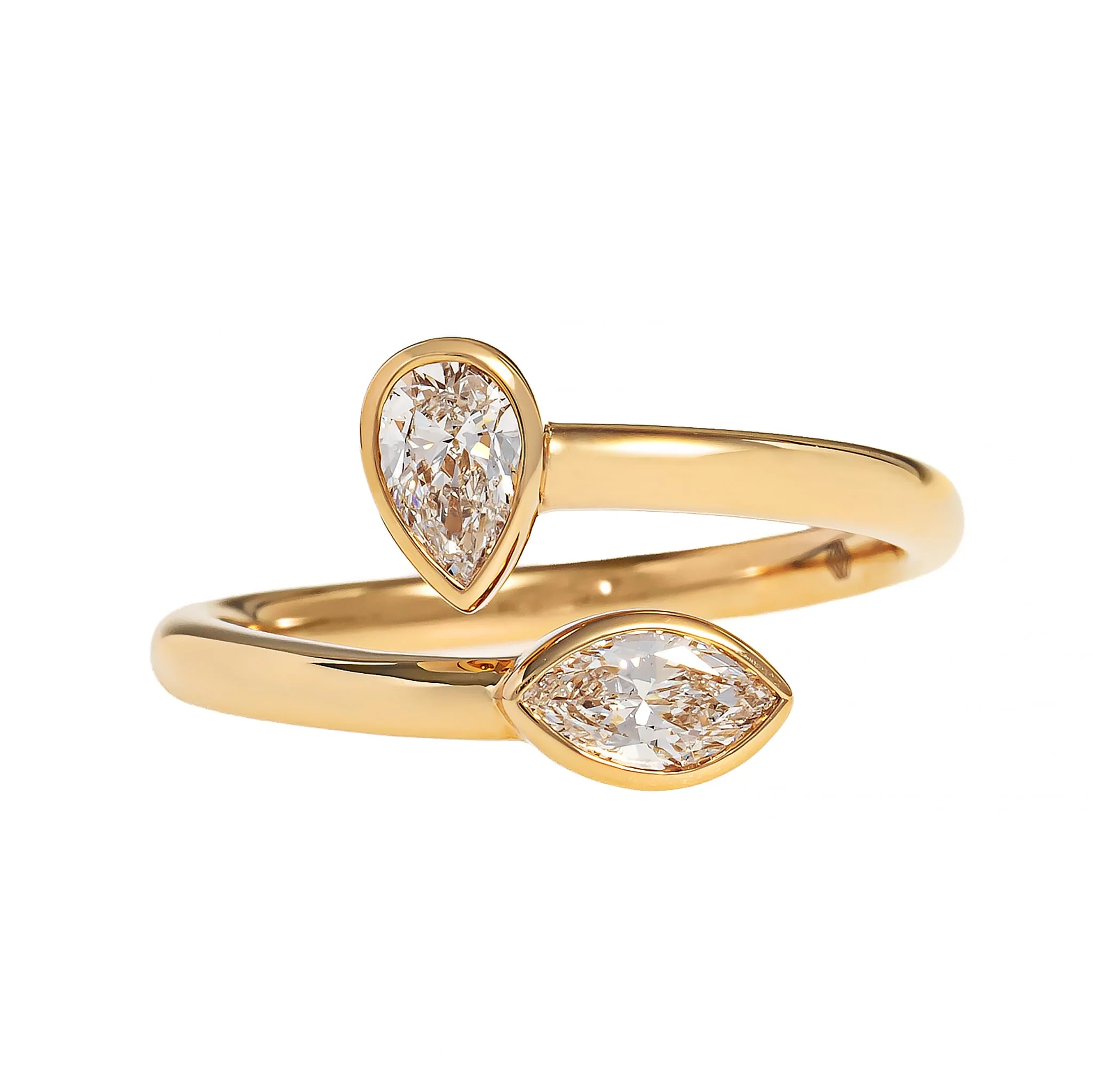 18K Yellow Gold 2 Stone Pear and Marquise Shaped Diamond Bypass Ring - Image 5