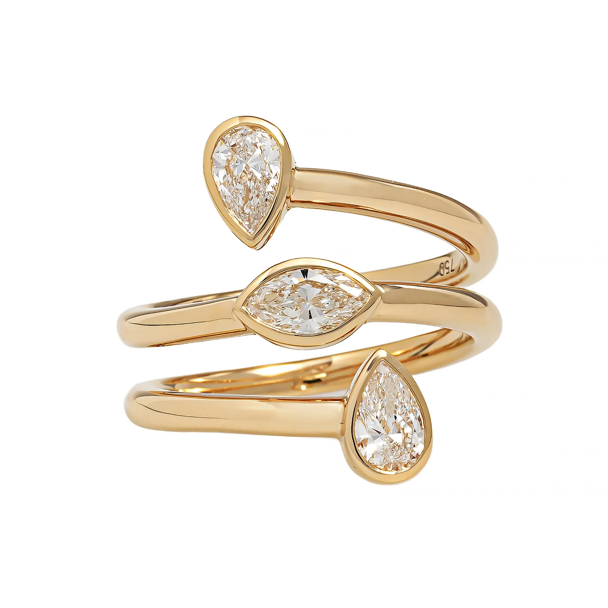 18K Yellow Gold 3 Stone Pear and Marquise Shaped Diamond Bypass Ring - Image 5