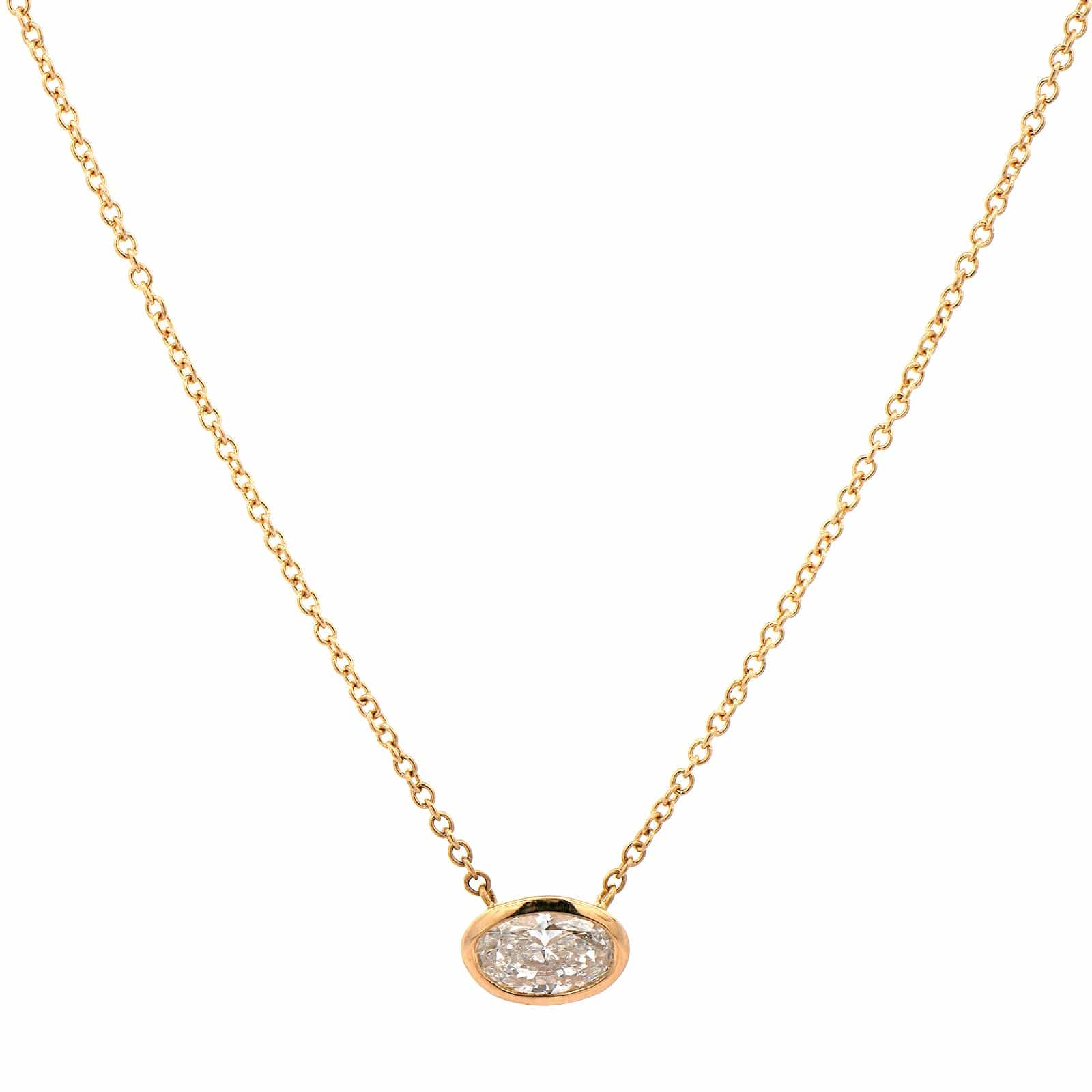 18K Yellow Gold Bezel Set Oval Diamond Pendant Necklace