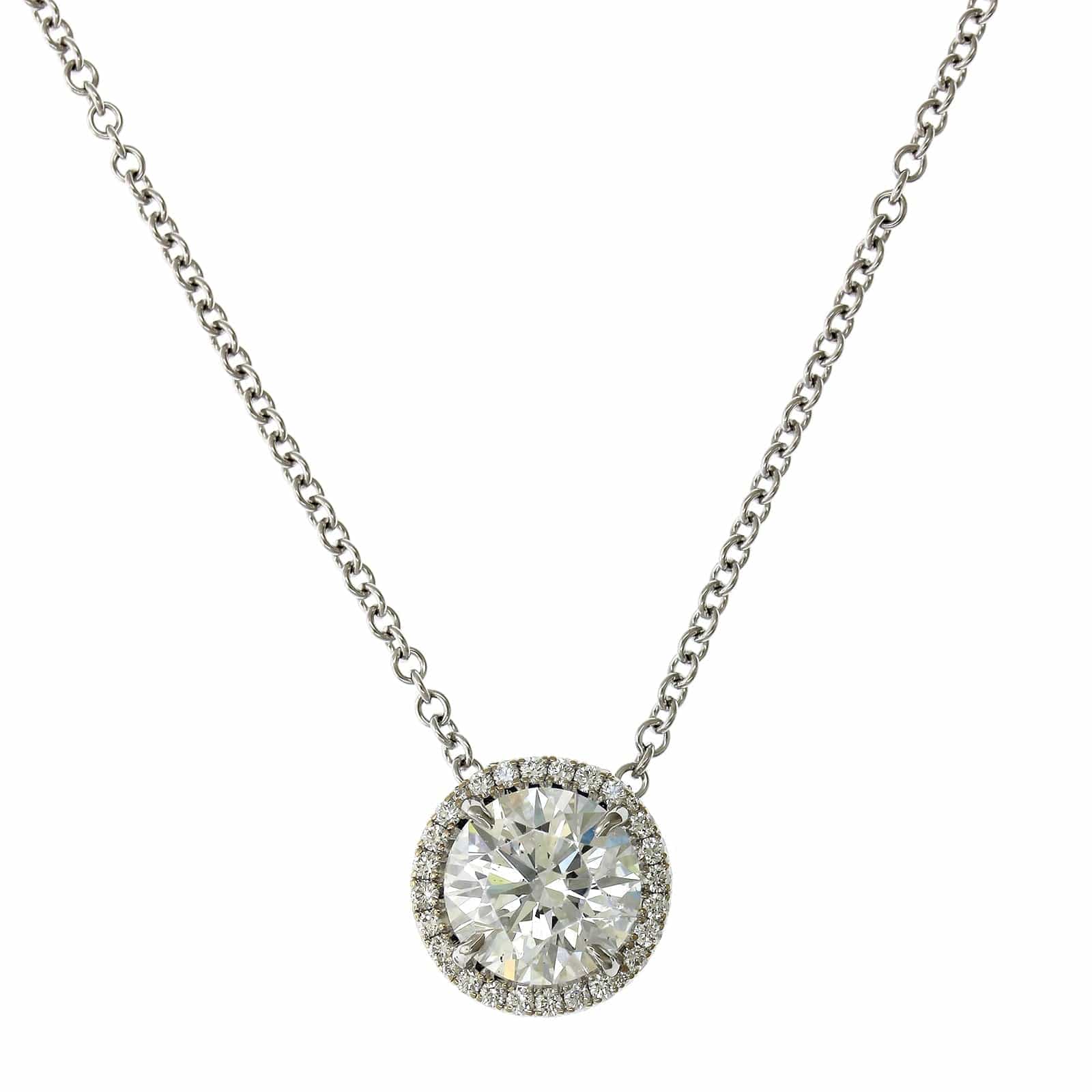 18K White Gold Round Diamond Halo Necklace