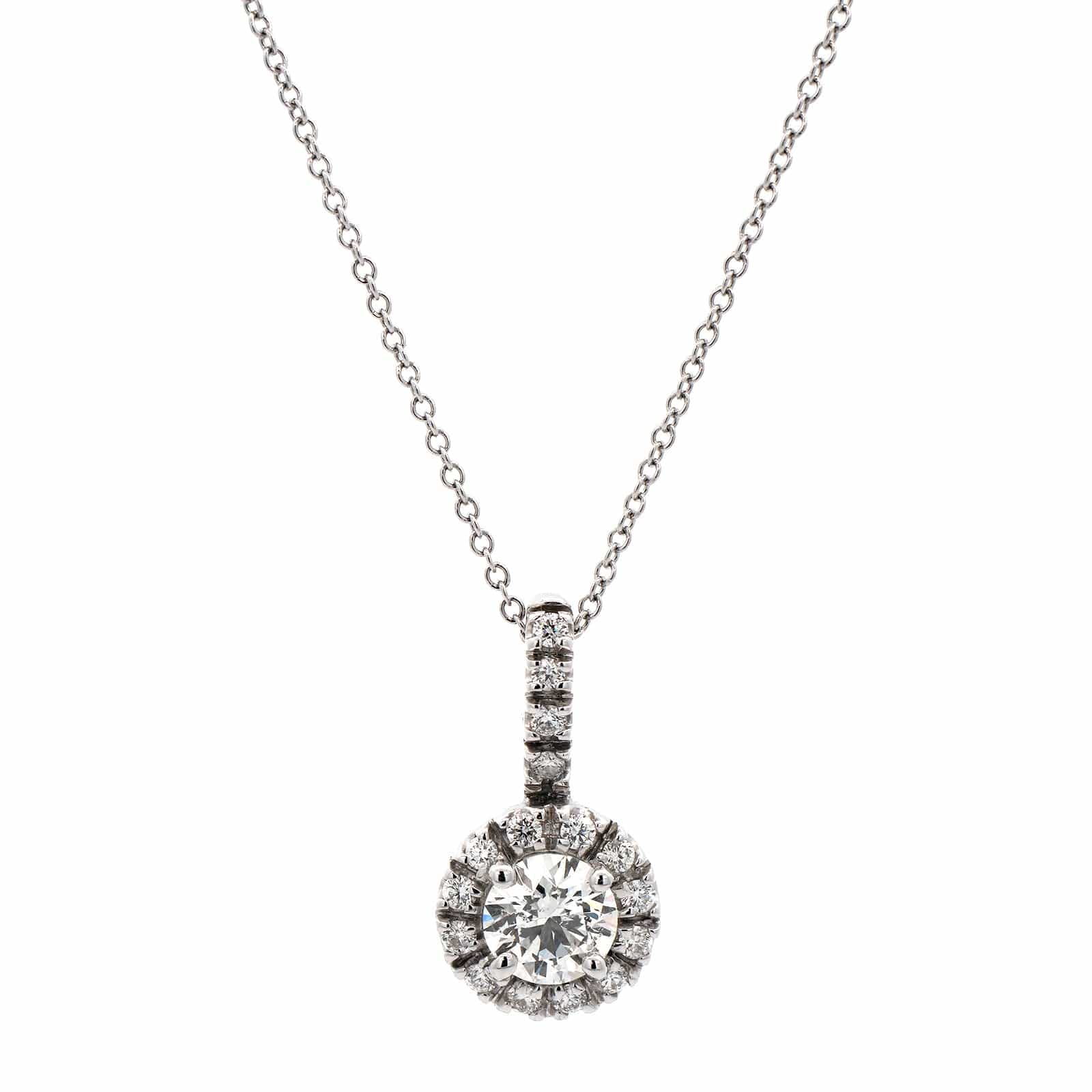 18K White Gold Round Diamond Halo Necklace