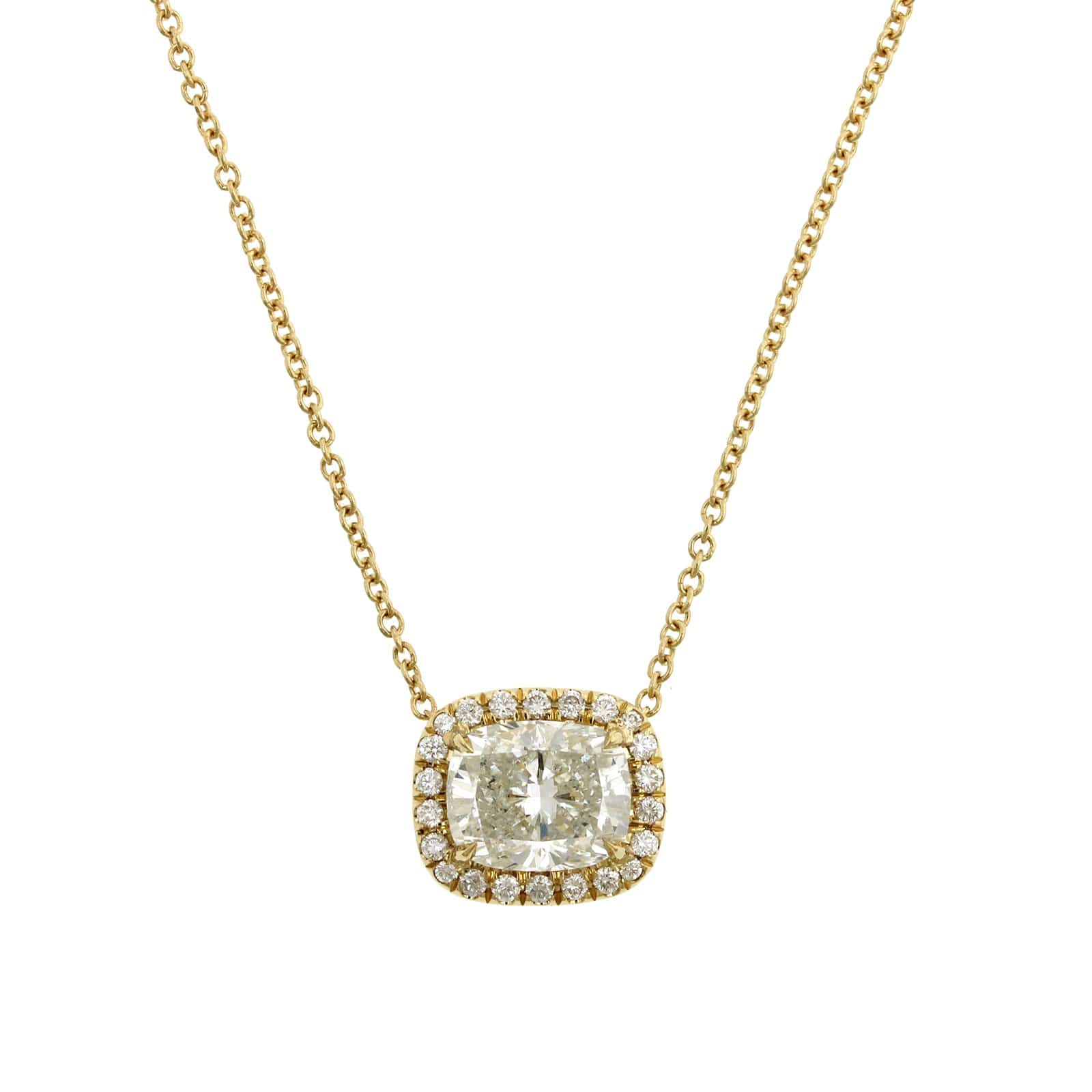 18K Yellow Gold Cushion Diamond and Diamond Halo Pendant Necklace