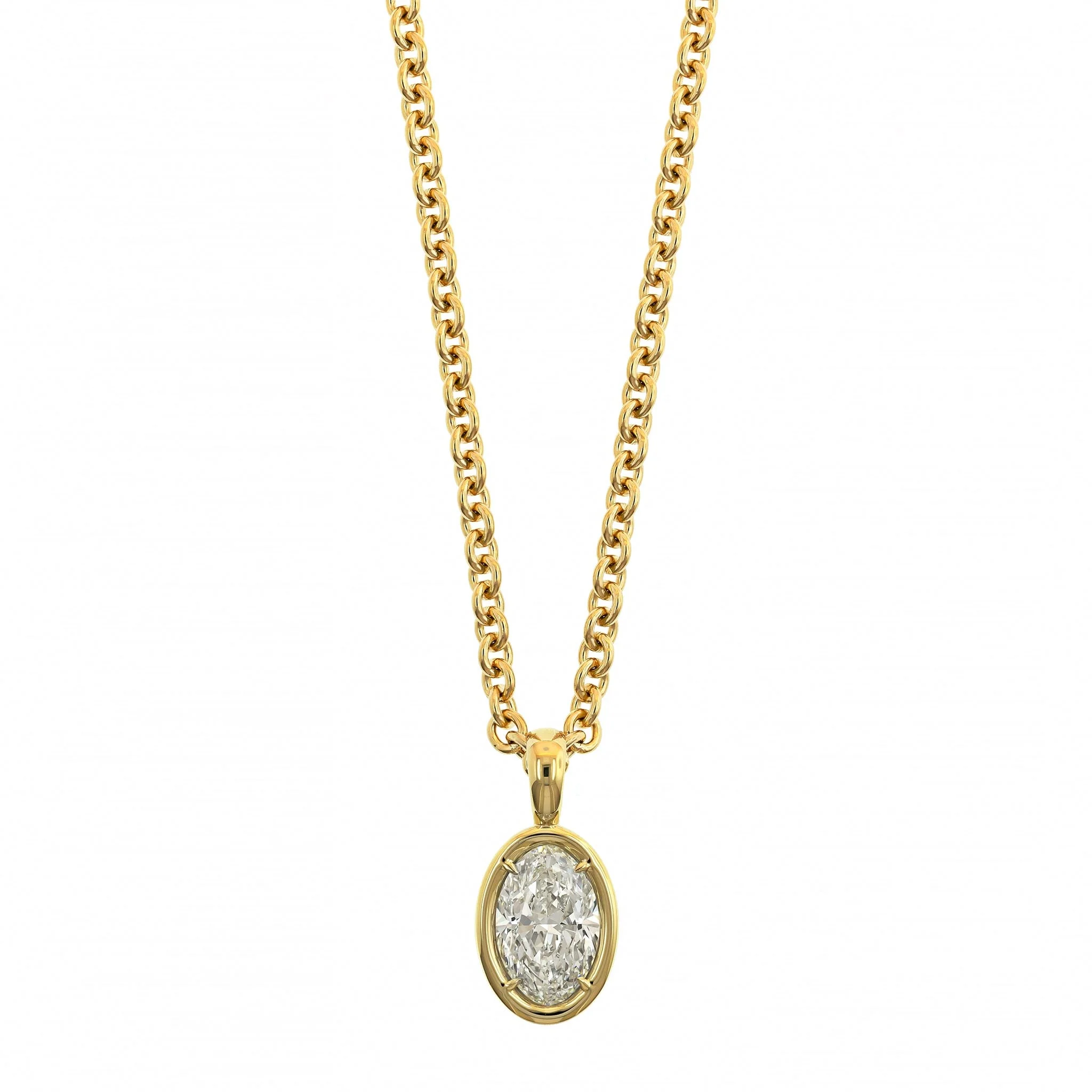 18K Yellow Gold Bezel Set Oval Diamond Pendant Necklace - Image 5