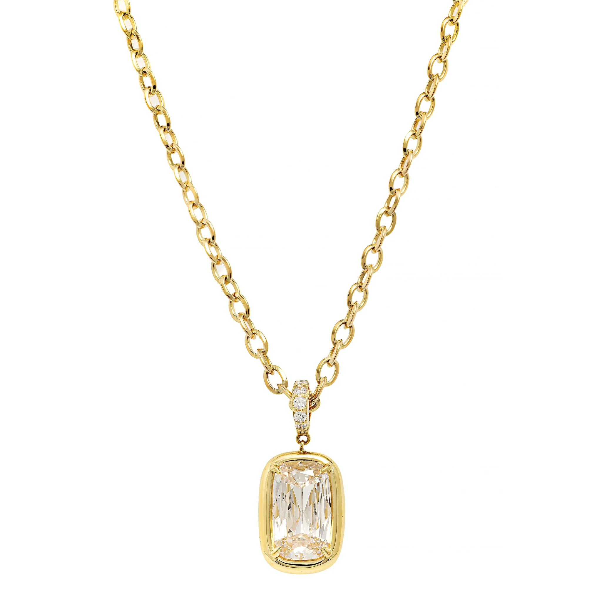 18K Yellow Gold Bezel Set Cushion Diamond Pendant Necklace
