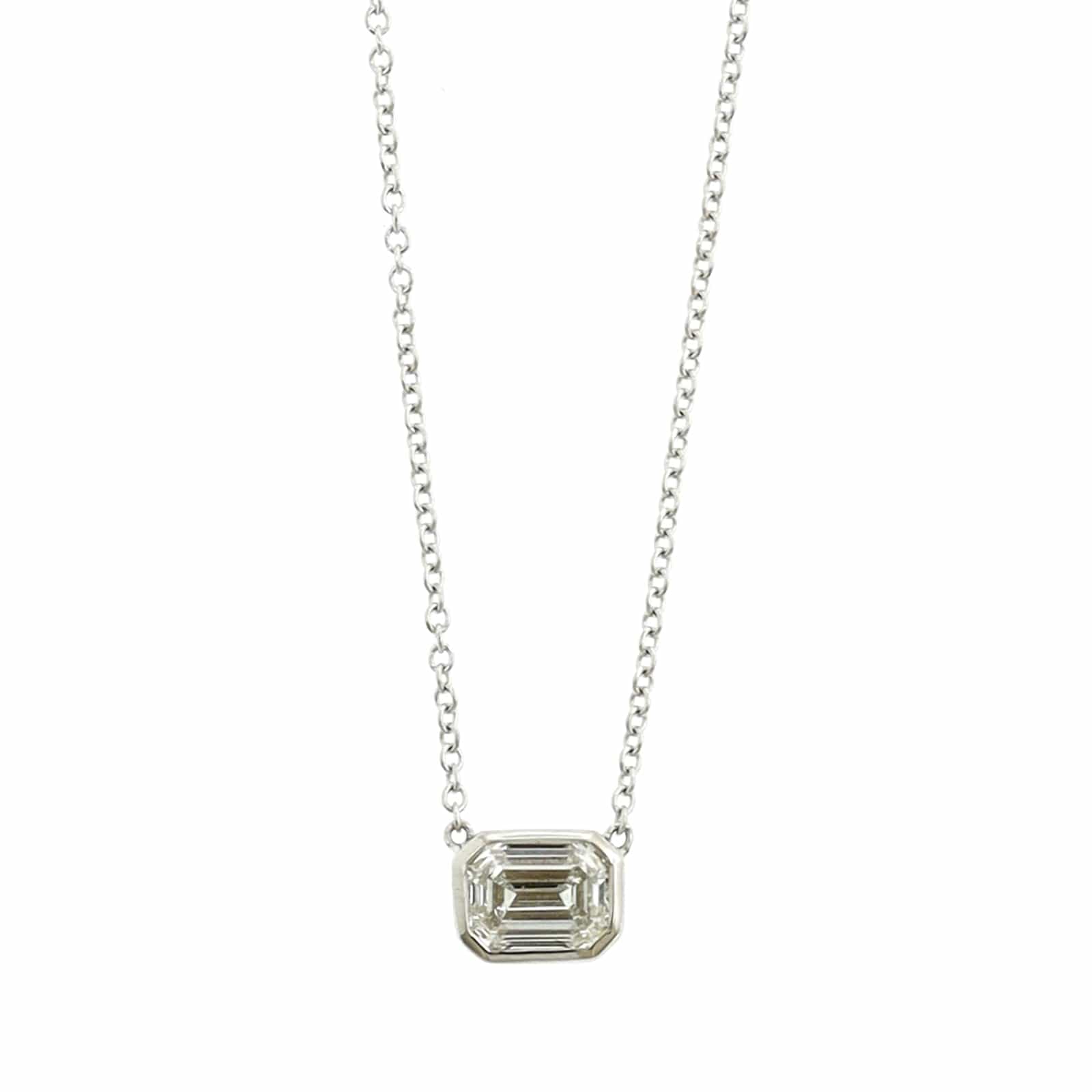 18K White Gold Emerald Cut Diamond Pendant Necklace