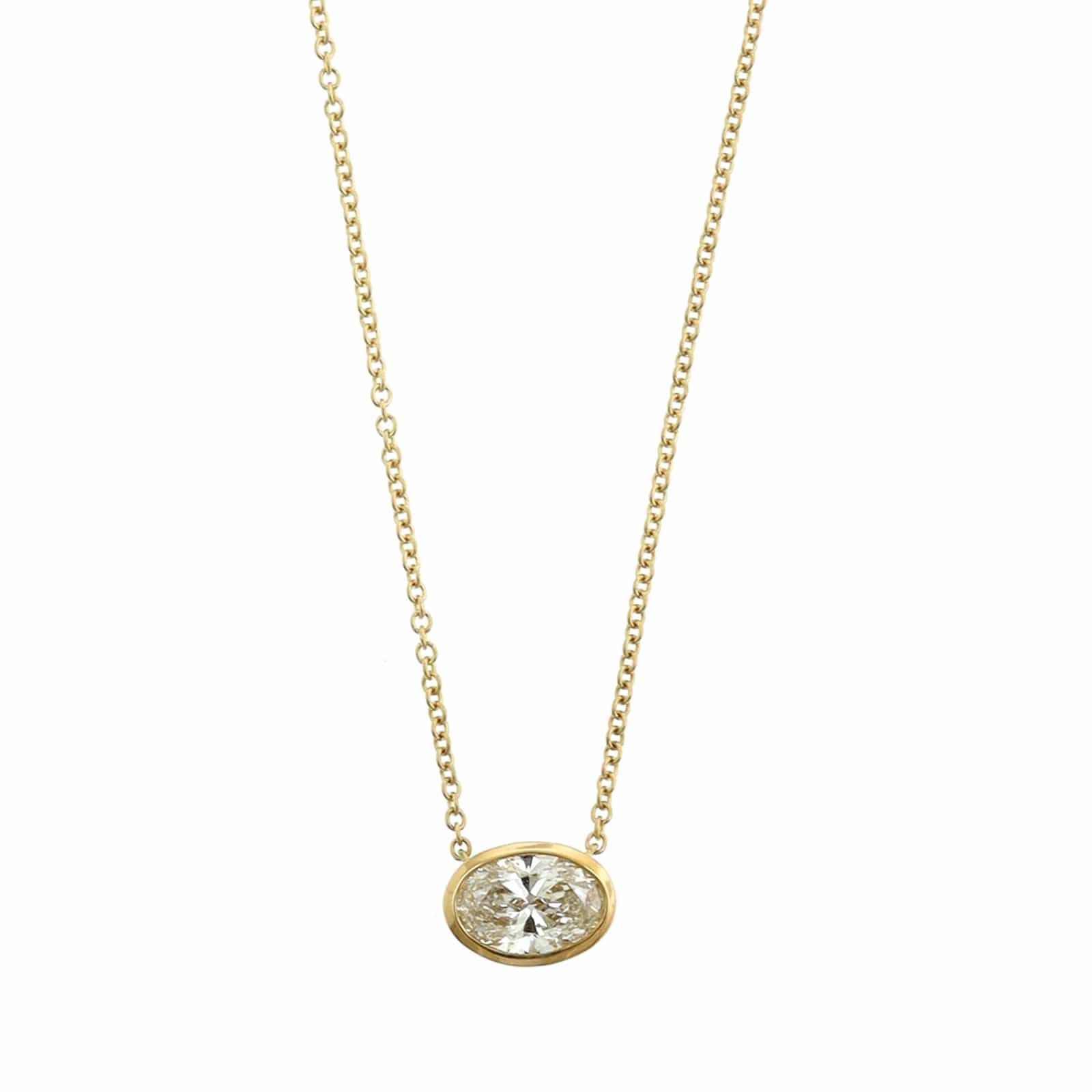 18K Yellow Gold Oval Shaped Diamond Pendant Necklace