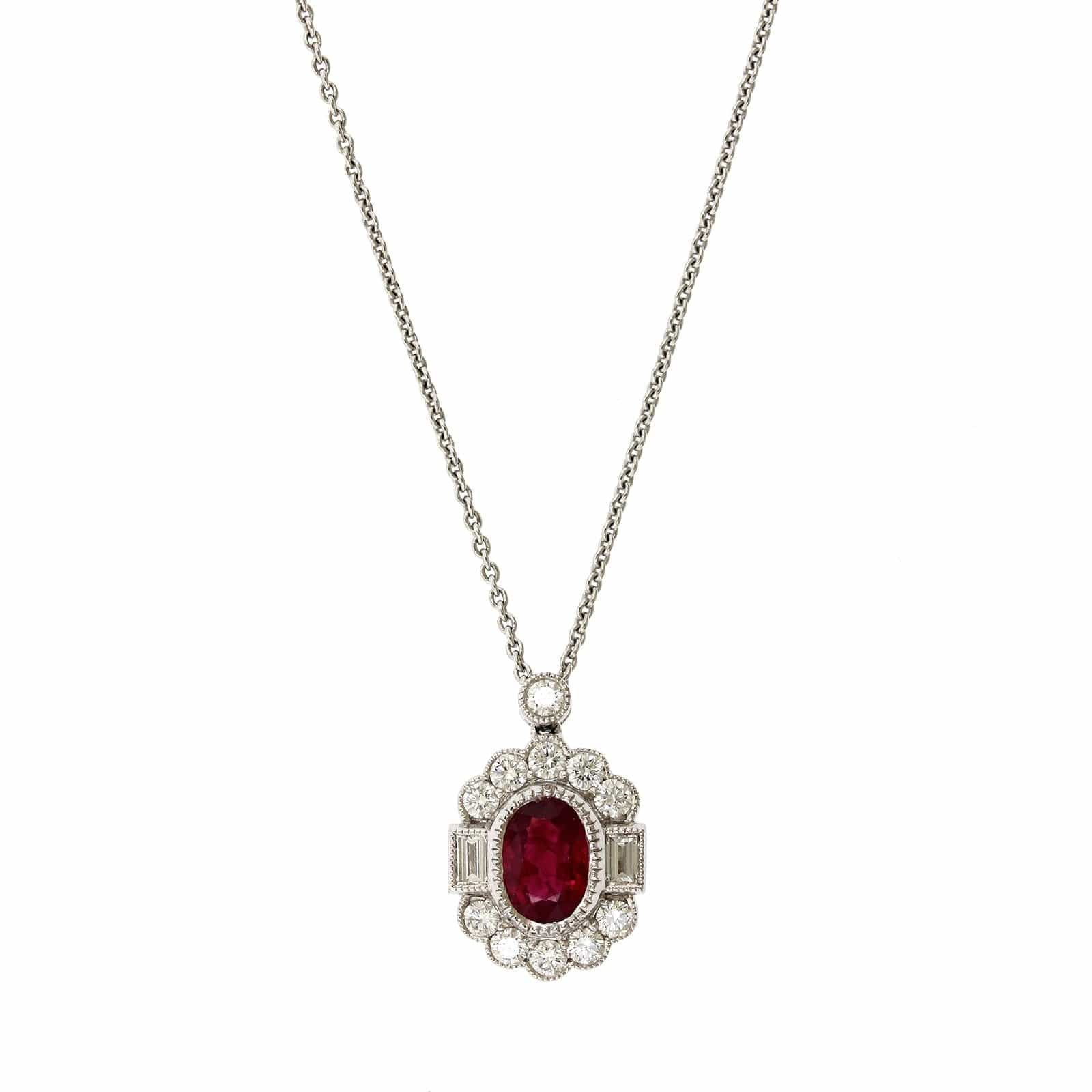18K White Gold Oval Ruby with Round and Baguette Diamond Halo Necklace