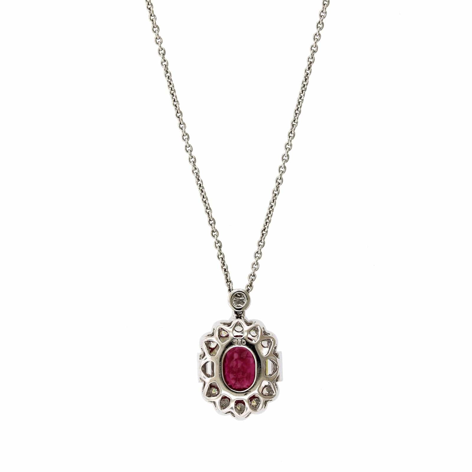 18K White Gold Oval Ruby with Round and Baguette Diamond Halo Necklace - Image 2