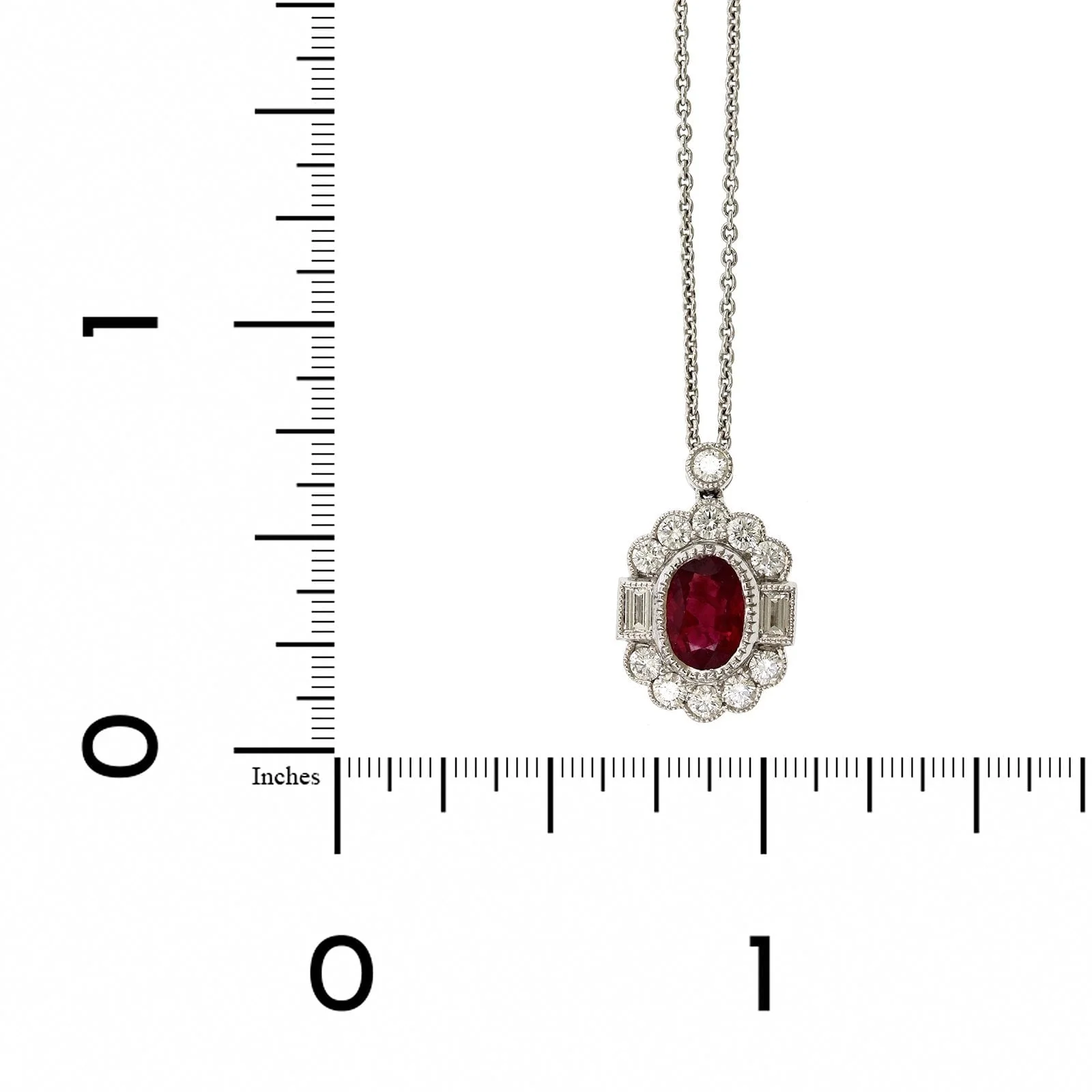 18K White Gold Oval Ruby with Round and Baguette Diamond Halo Necklace - Image 4