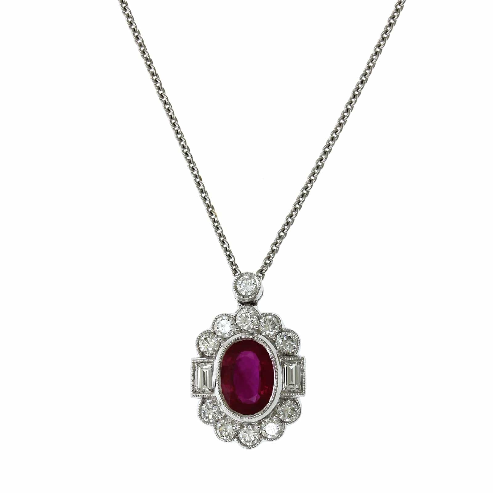 18K White Gold Oval Ruby Diamond Halo Milgrain Necklace