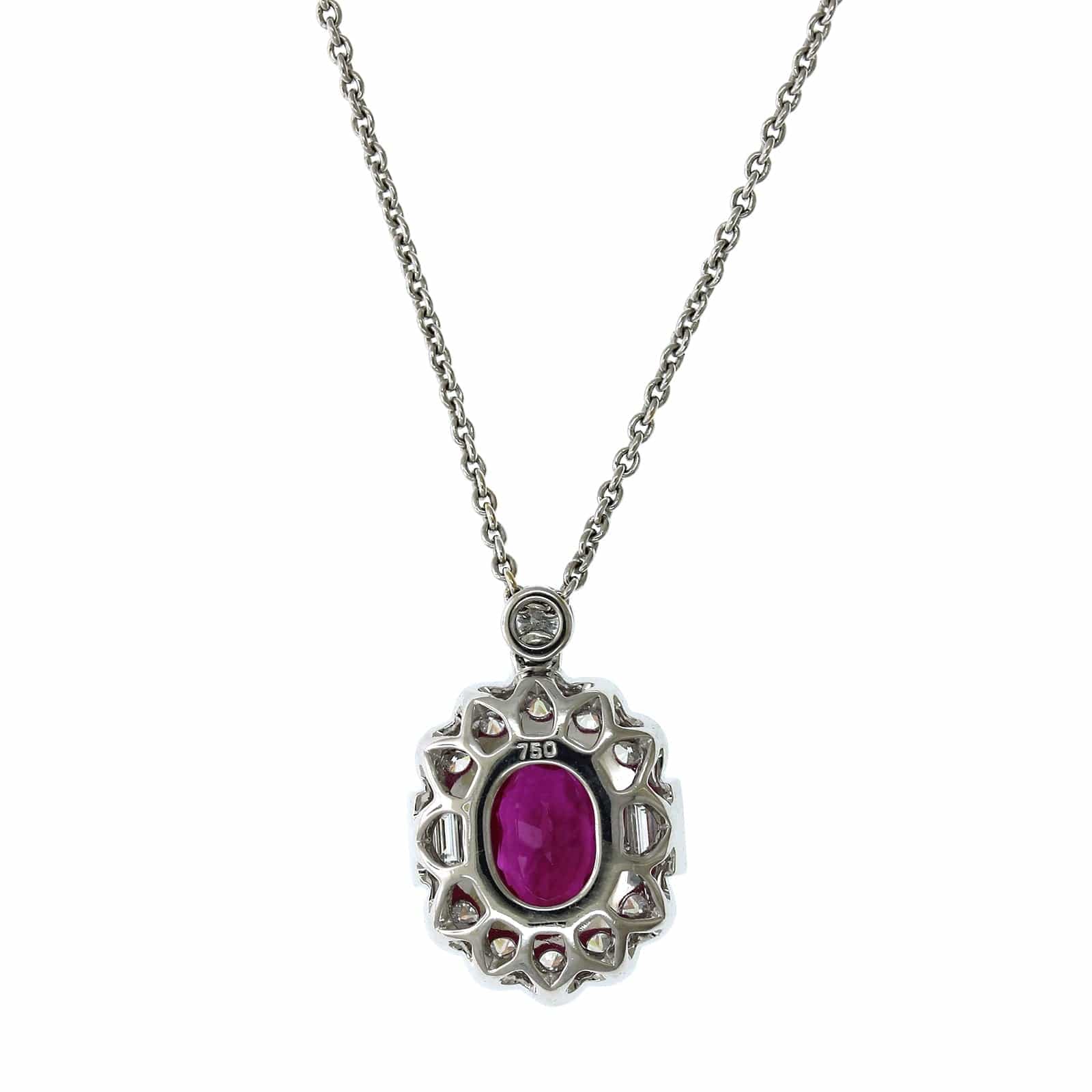 18K White Gold Oval Ruby Diamond Halo Milgrain Necklace - Image 2