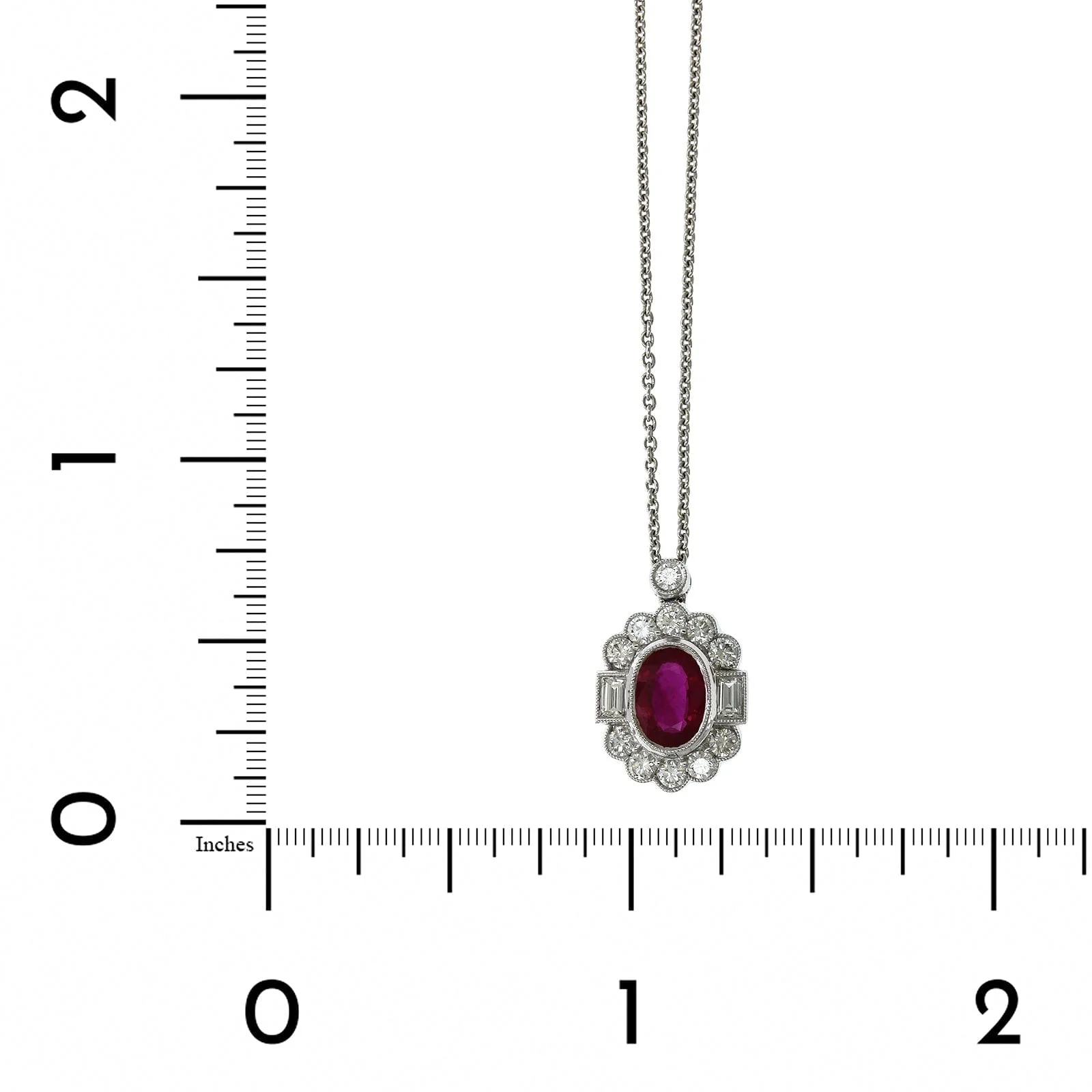 18K White Gold Oval Ruby Diamond Halo Milgrain Necklace - Image 4