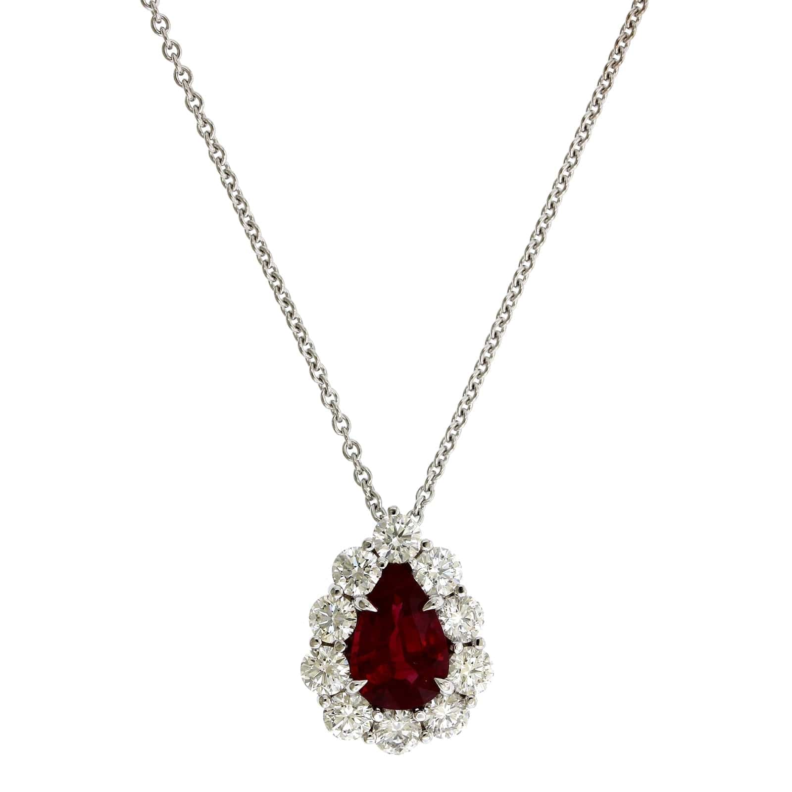 18K White Gold Pearl Shape Ruby Diamond Halo Pendant - Image 5