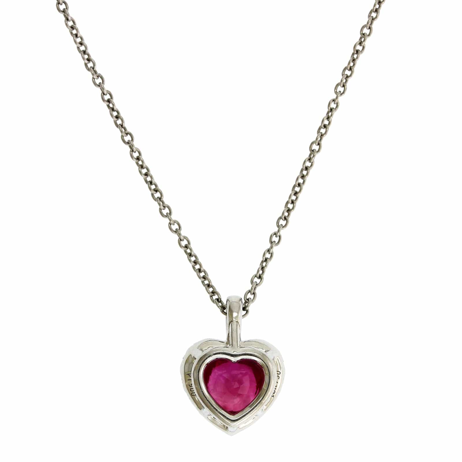 Platinum Heart Shaped Ruby Diamond Halo Necklace - Image 2