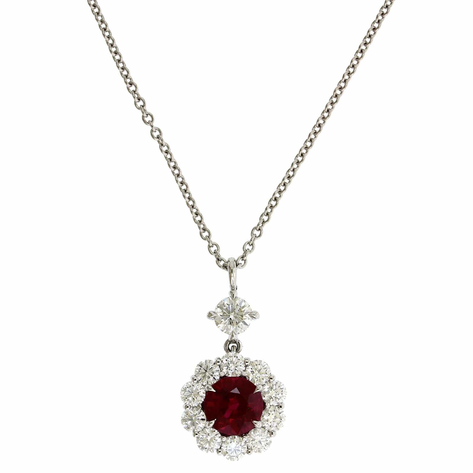 Platinum Burma Ruby & Diamond Halo Necklace - Image 5