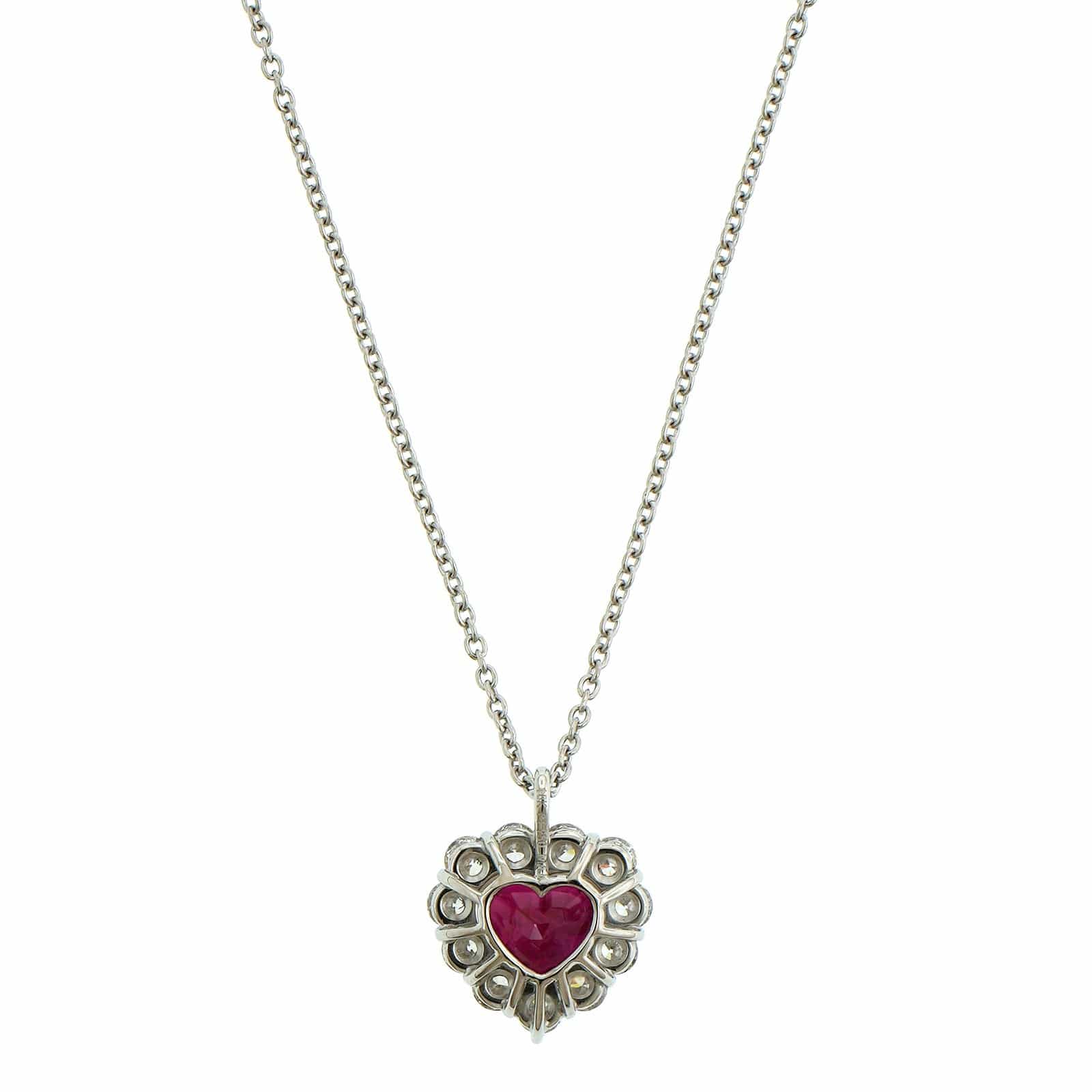 Platinum Ruby Heart Diamond Halo Necklace - Image 2