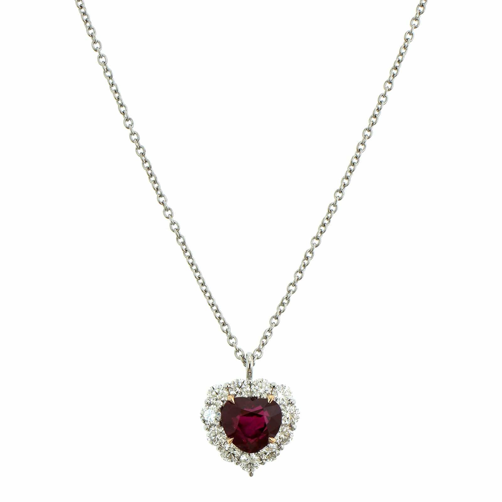 Platinum Ruby Heart Diamond Halo Necklace - Image 5
