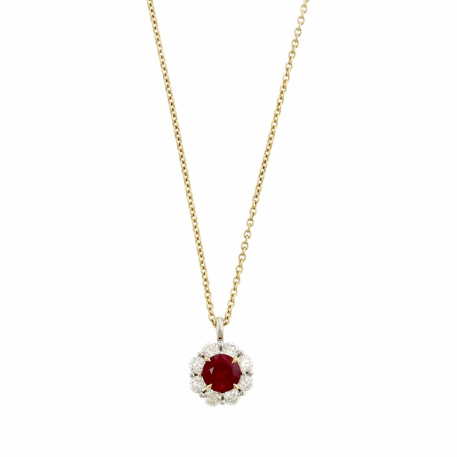 18K Yellow Gold & Platinum Diamond Halo & Ruby Necklace - Image 5
